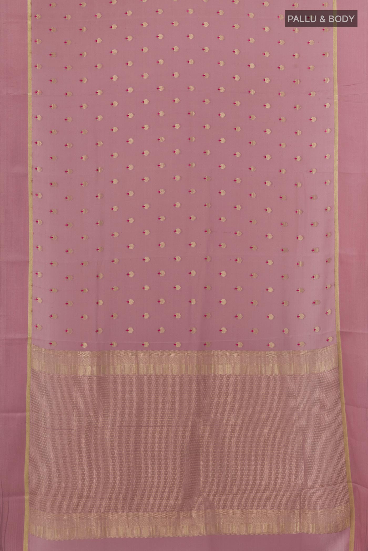 Flat view of Lavender Mysore Crepe Saree with Zari Butta on the body and Zari Border. 