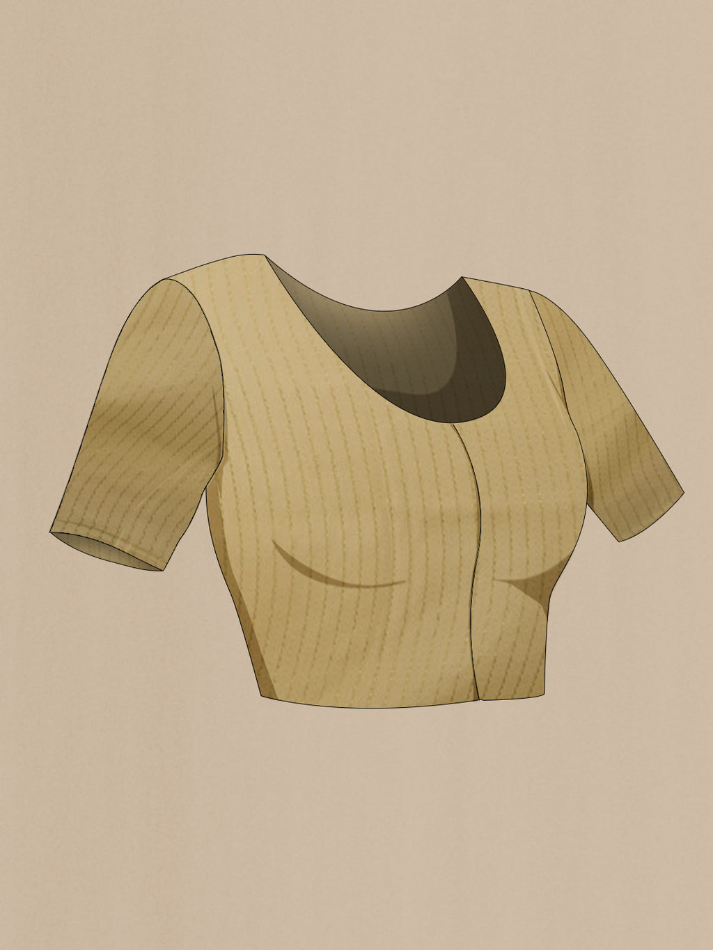 Close up image of the blouse of Beige Mysore Crepe Saree with Zari Butta on the body and Zari Border. 