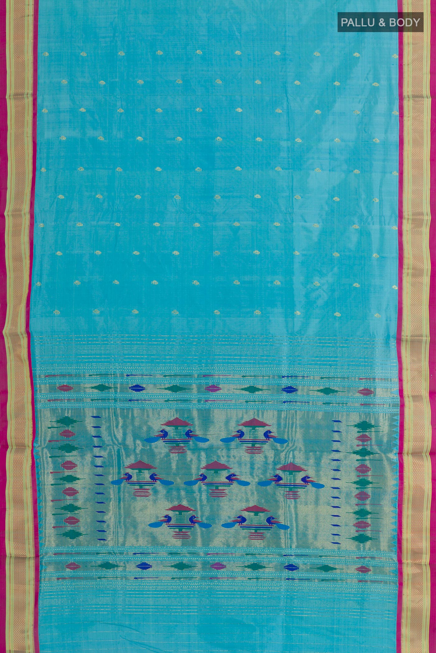 Flat view of Blue Paithani Silk Saree with Zari Butta on the body and Zari Border. 