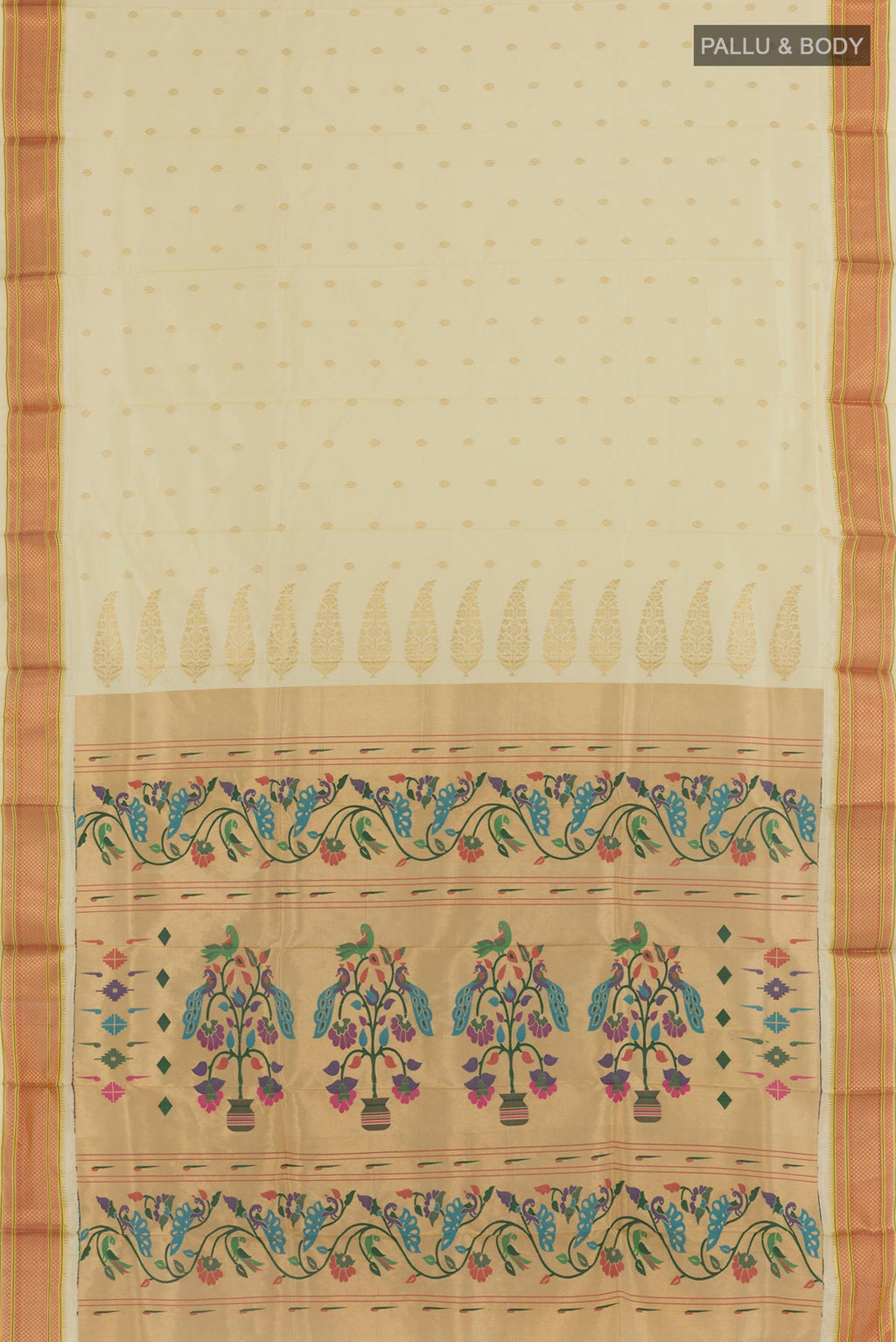 Flat view of Off White Paithani Silk Saree with Zari Butta on the body and Paithani Border. 