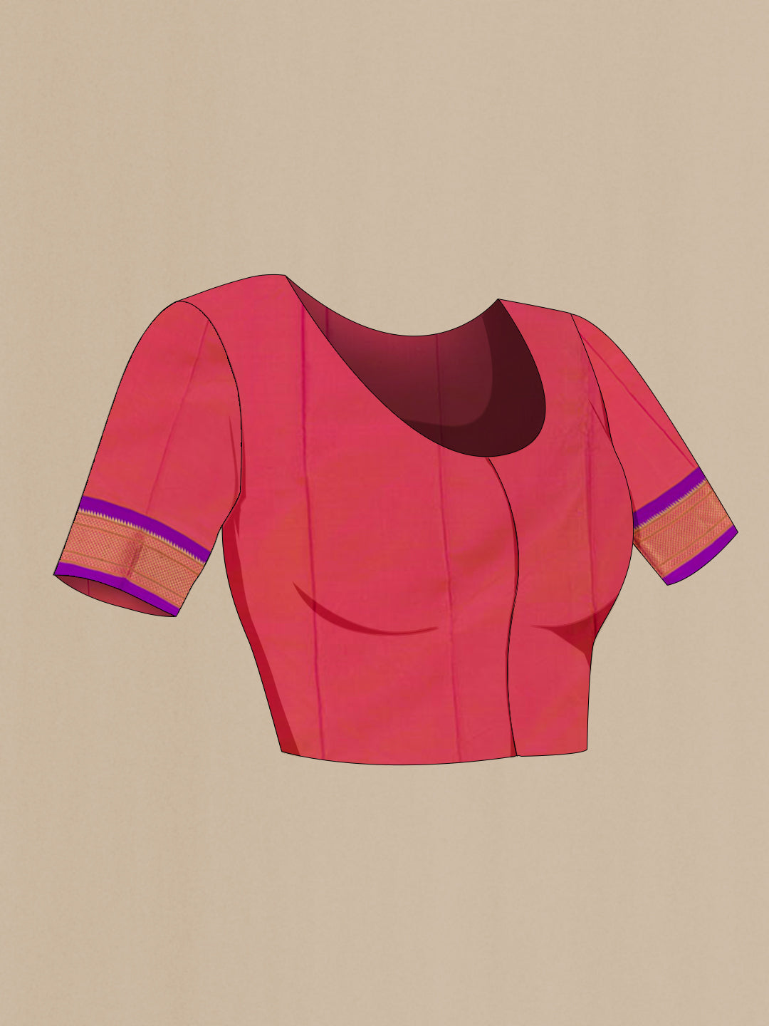 Close up image of the blouse of Peach Paithani Silk Saree with Zari Butta on the body and Zari Border. 