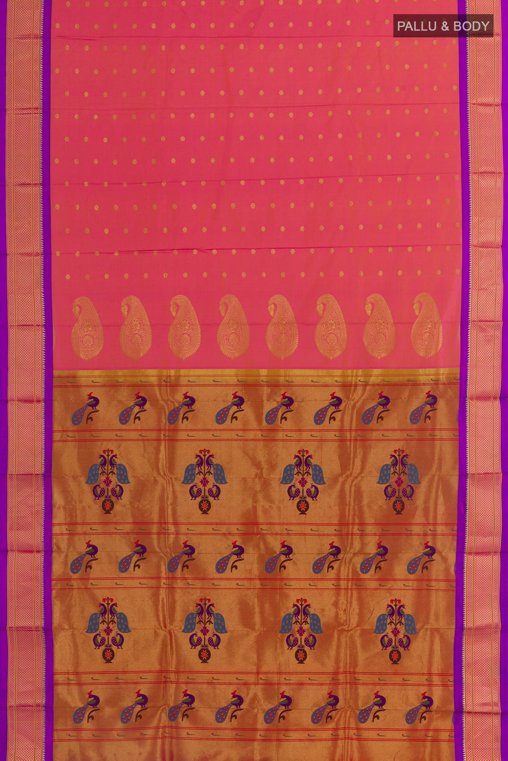 Flat view of Peach Paithani Silk Saree with Zari Butta on the body and Zari Border. 