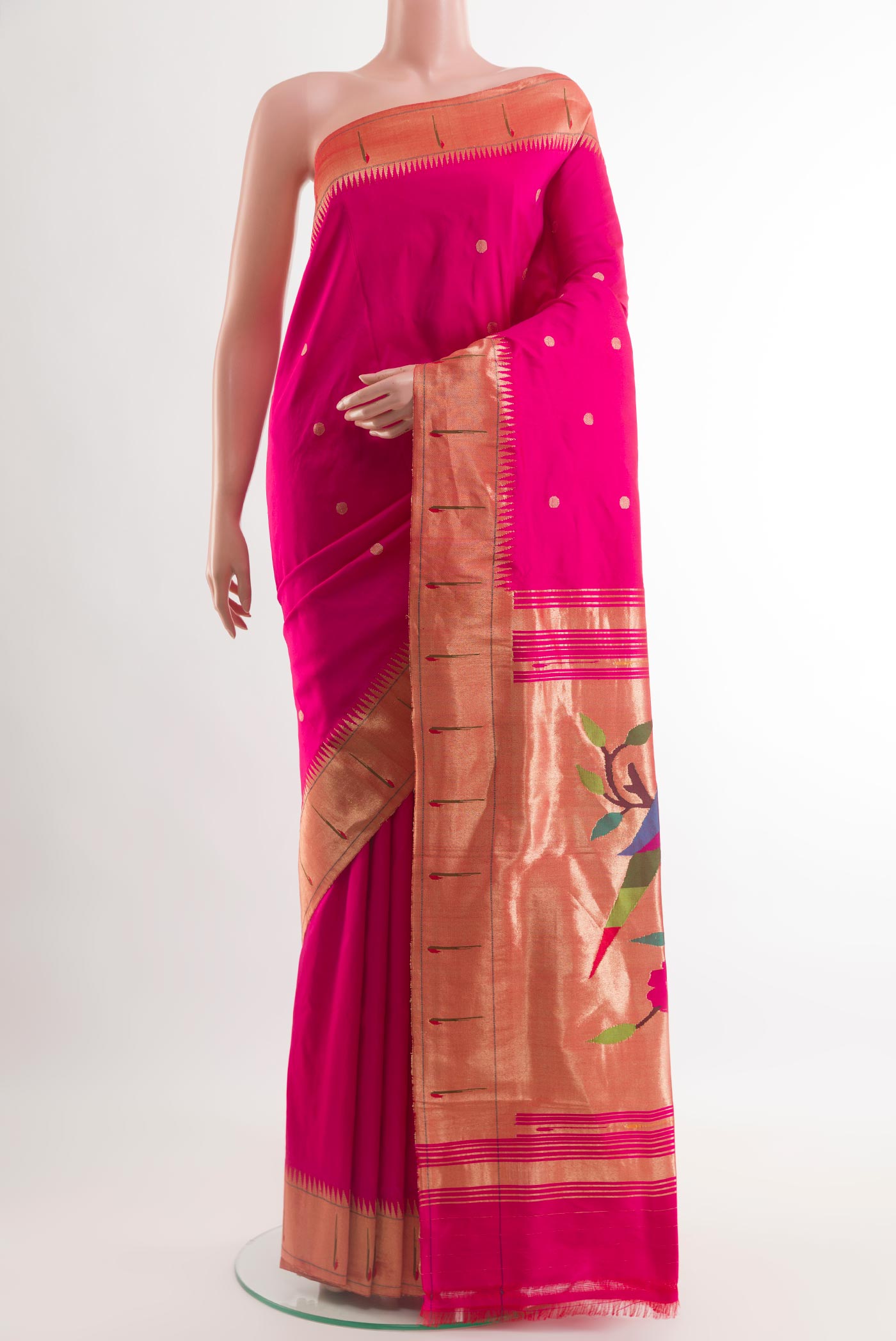 Pink Paithani Silk Saree with Zari Butta on the body and Paithani Border.  displayed on a mannequin