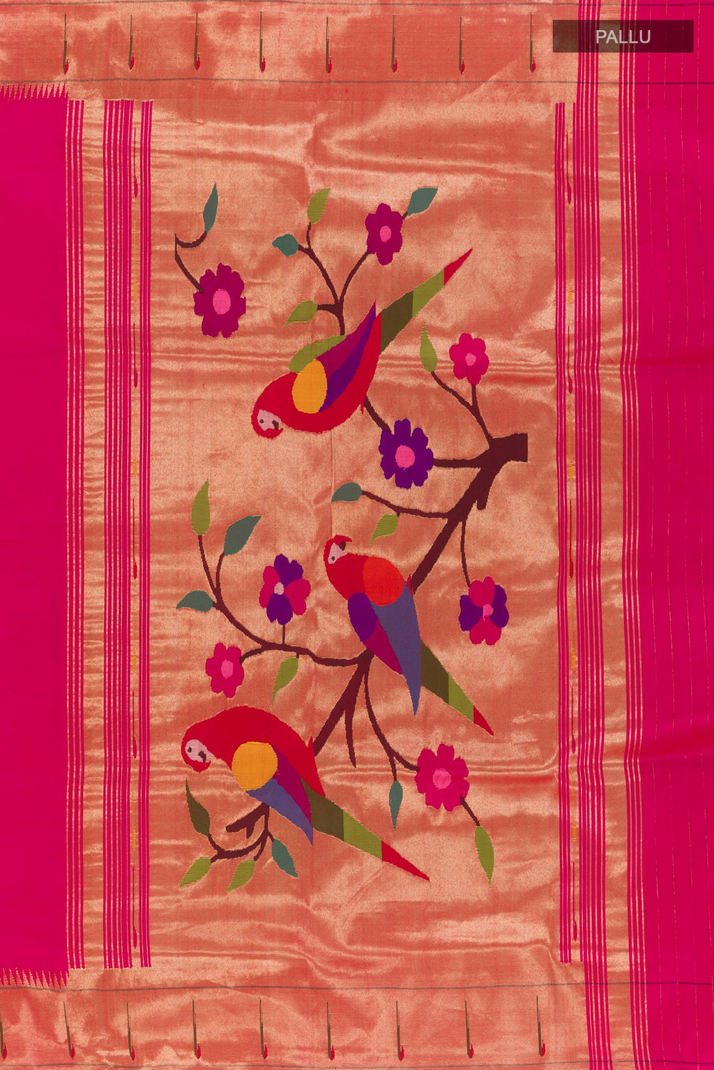 Close up image of the pallu of Pink Paithani Silk Saree with Zari Butta on the body and Paithani Border. 