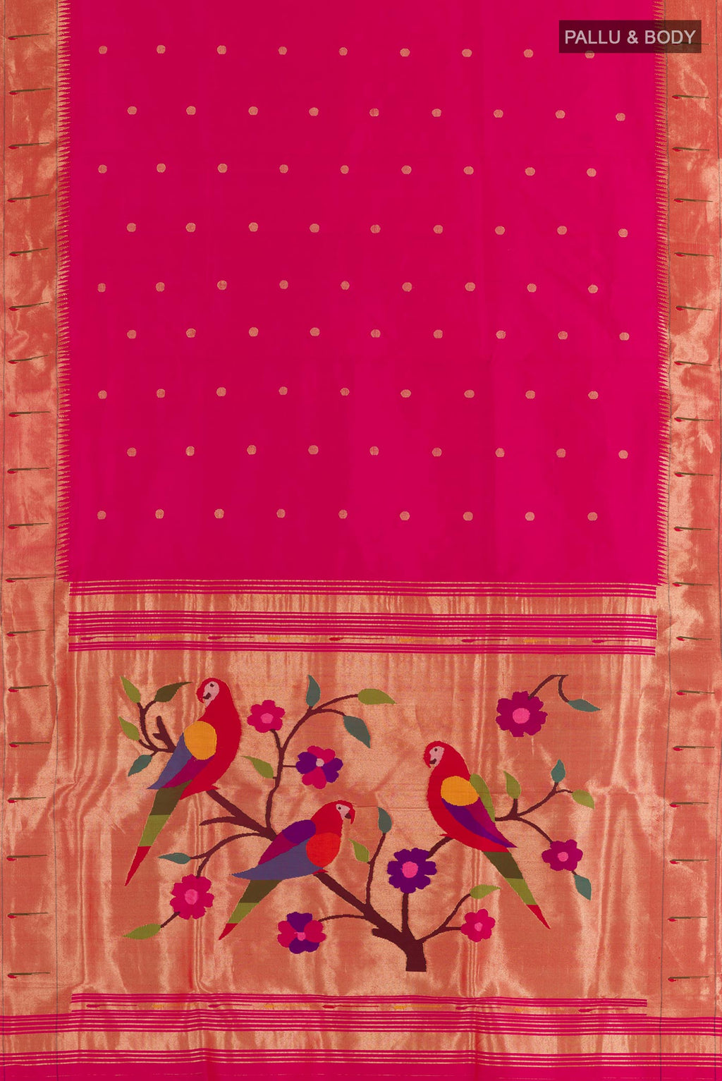 Flat view of Pink Paithani Silk Saree with Zari Butta on the body and Paithani Border. 