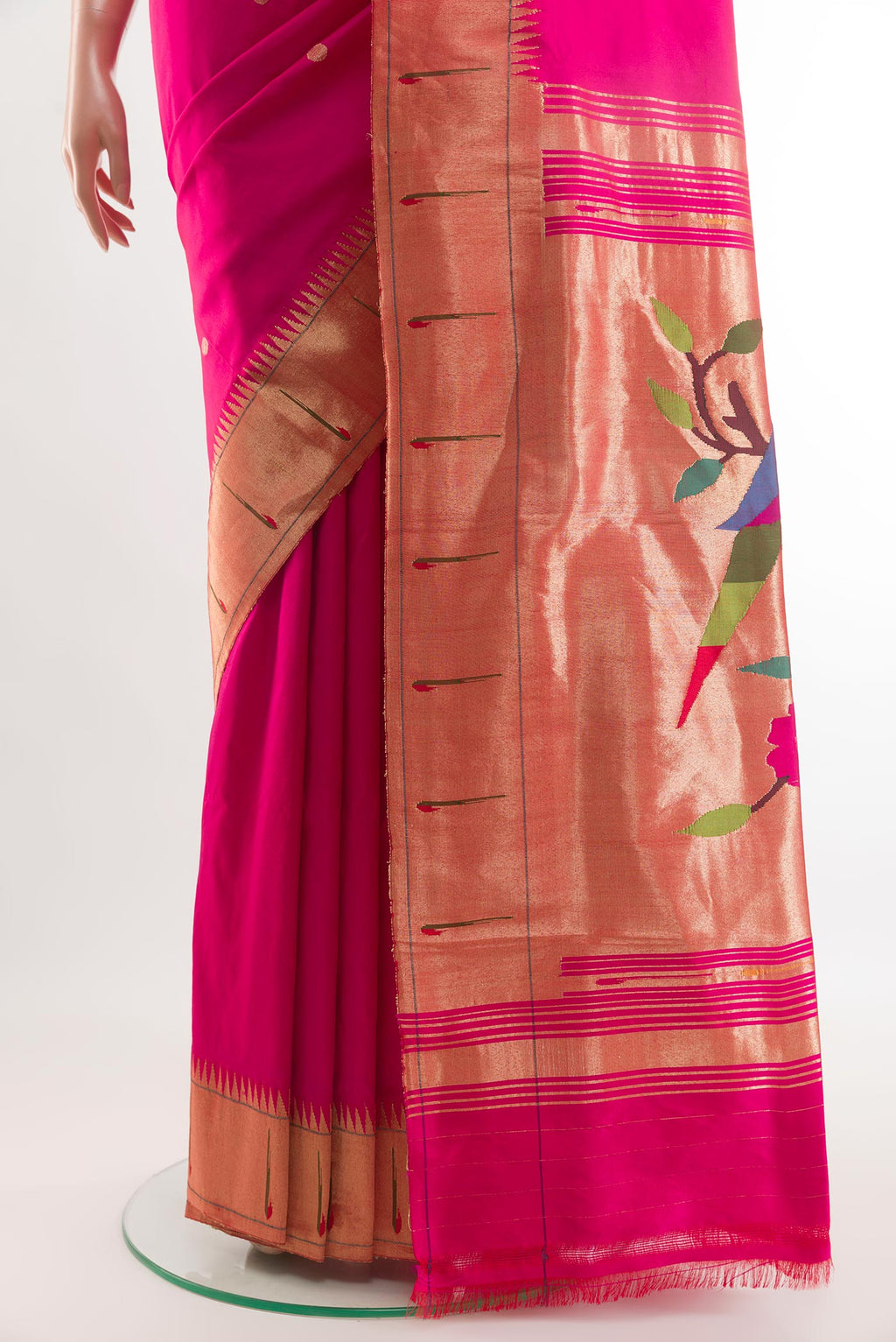 Pleats and pallu of Pink Paithani Silk Saree with Zari Butta on the body and Paithani Border. 