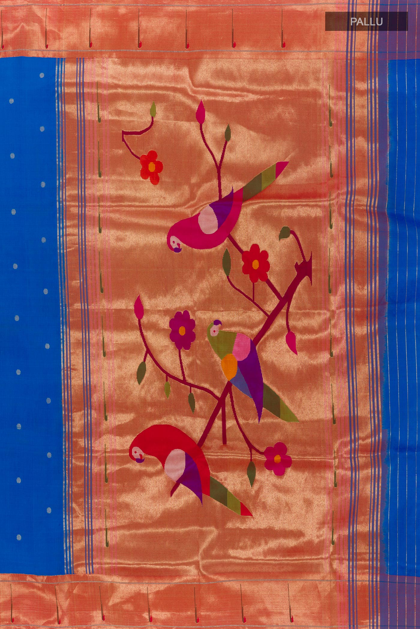 Close up image of the pallu of Blue Paithani Silk Saree with Zari Butta on the body and Zari Border. 
