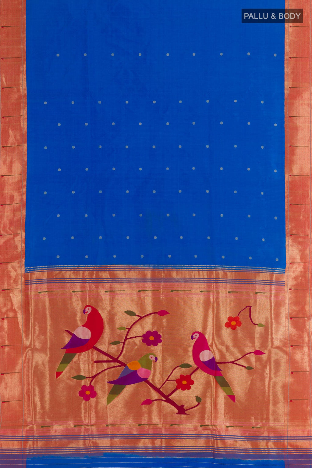 Flat view of Blue Paithani Silk Saree with Zari Butta on the body and Zari Border. 