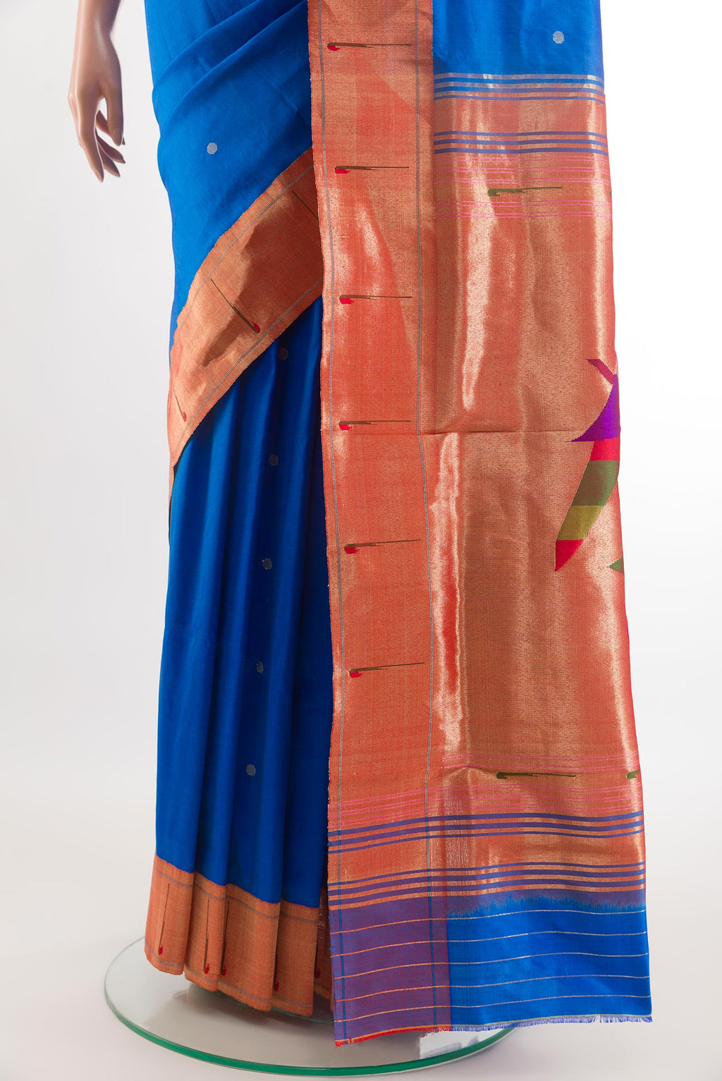 Pleats and pallu of Blue Paithani Silk Saree with Zari Butta on the body and Zari Border. 
