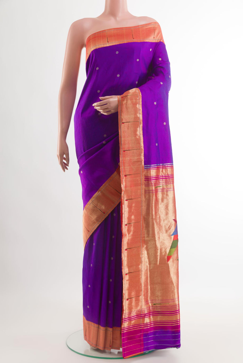 Purple Paithani Silk Saree with Zari Butta on the body and Paithani Border.  displayed on a mannequin