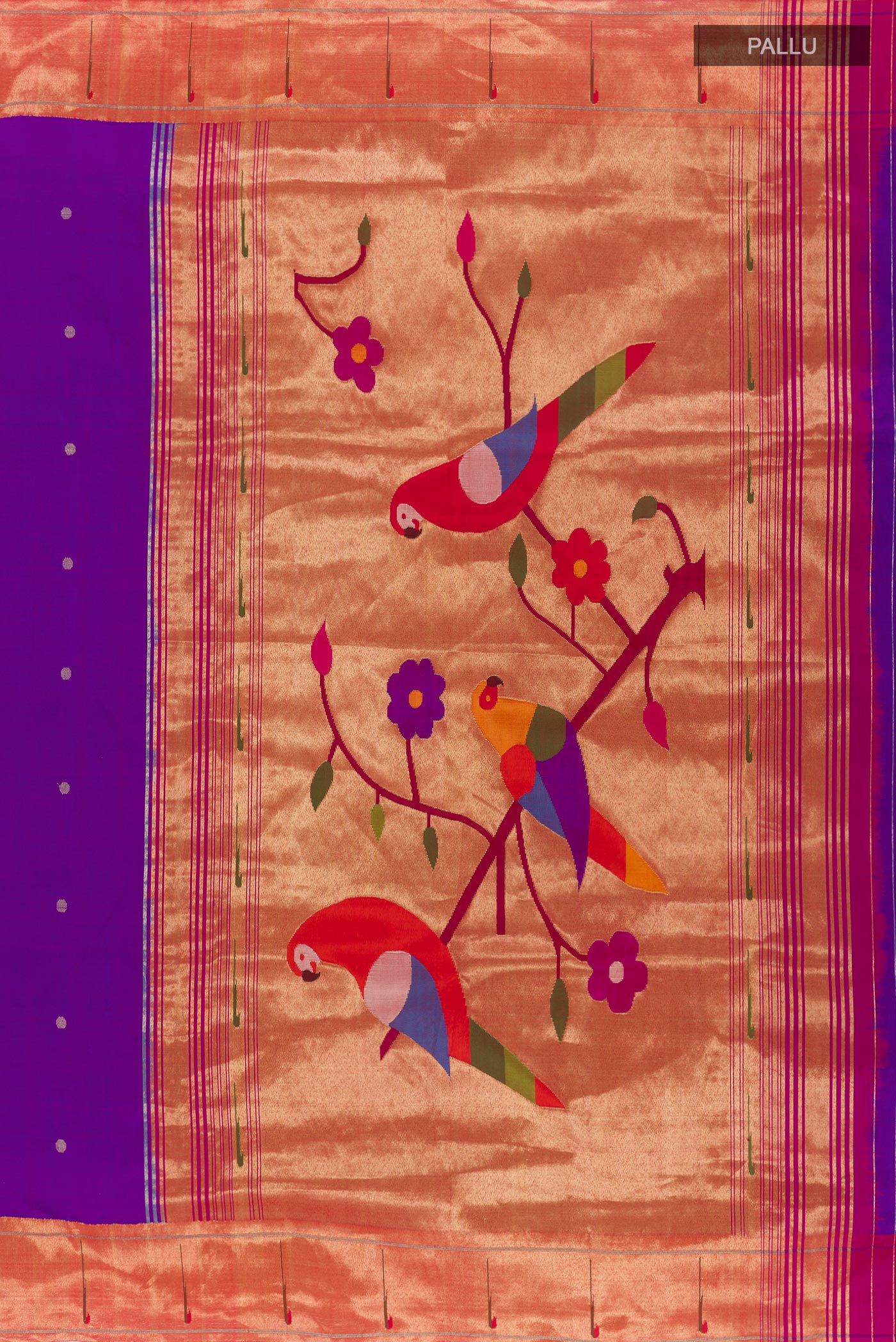 Close up image of the pallu of Purple Paithani Silk Saree with Zari Butta on the body and Paithani Border. 