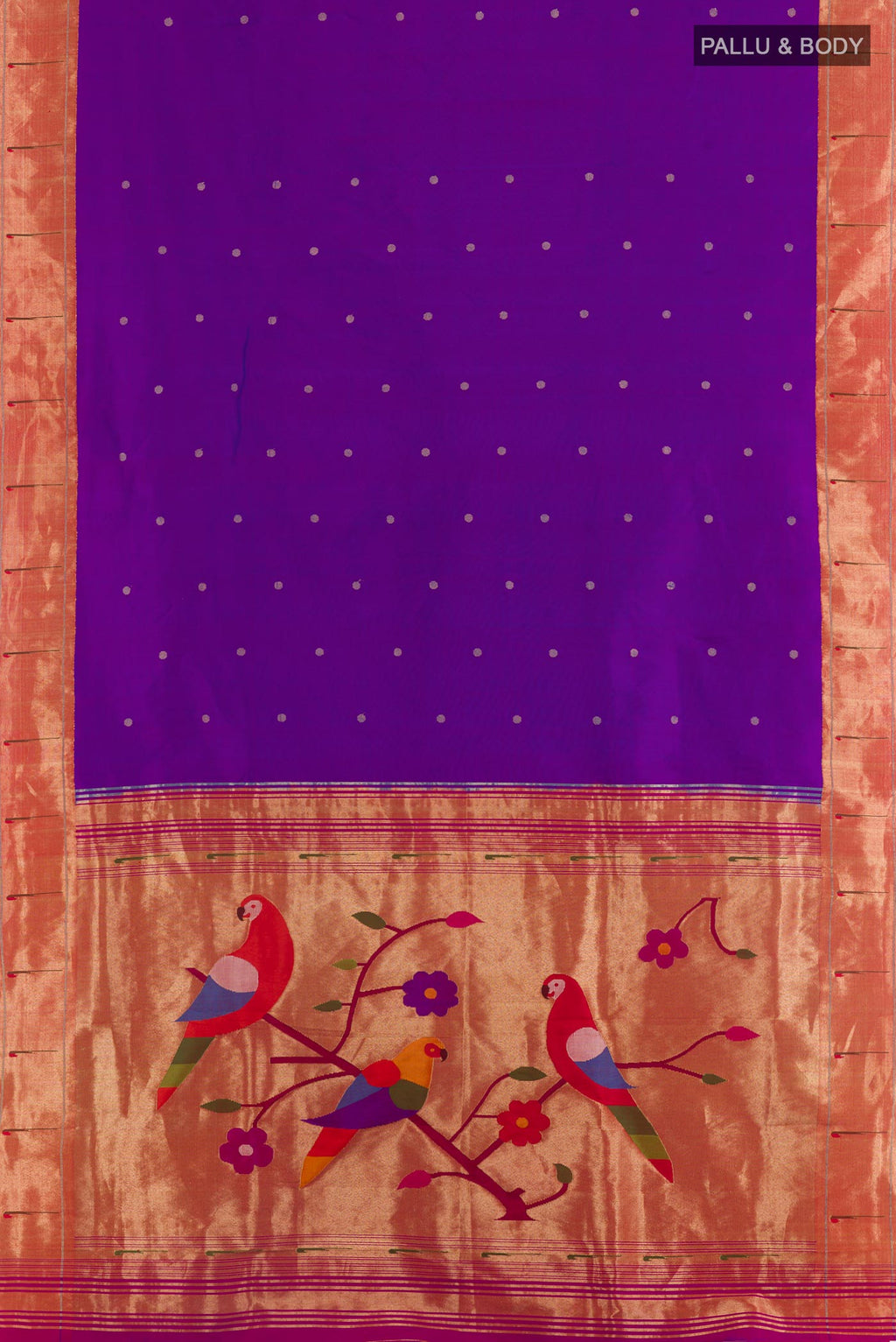 Flat view of Purple Paithani Silk Saree with Zari Butta on the body and Paithani Border. 