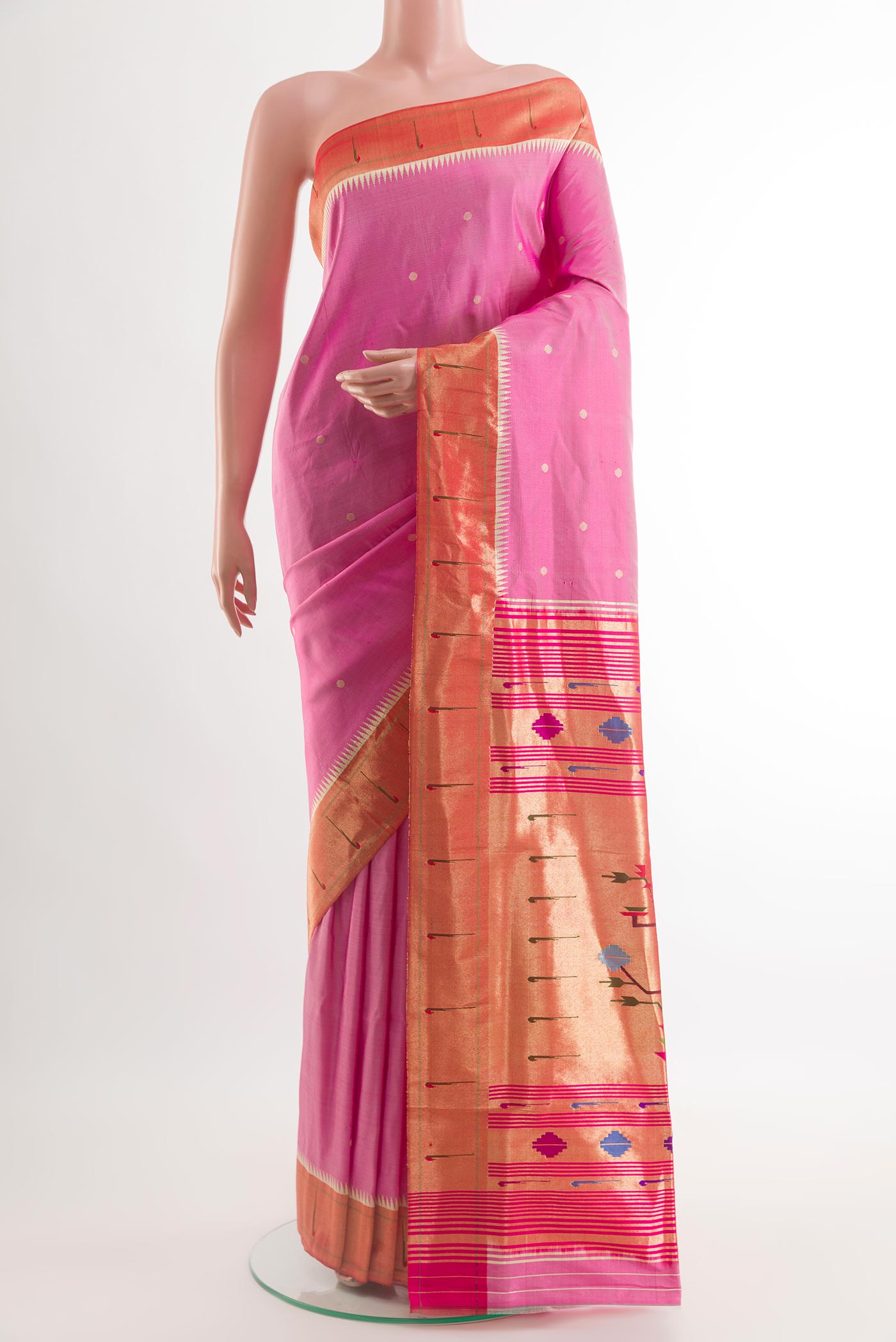 Pink Paithani Silk Saree with Zari Butta on the body and Paithani Border.  displayed on a mannequin