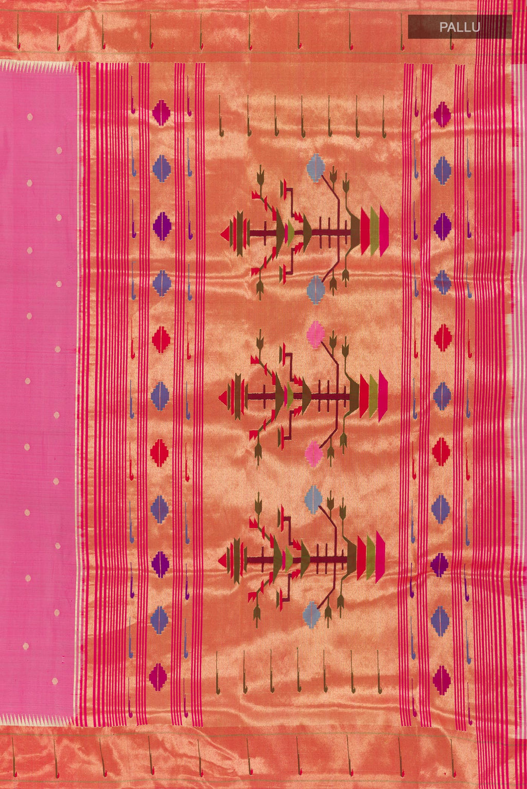 Close up image of the pallu of Pink Paithani Silk Saree with Zari Butta on the body and Paithani Border. 