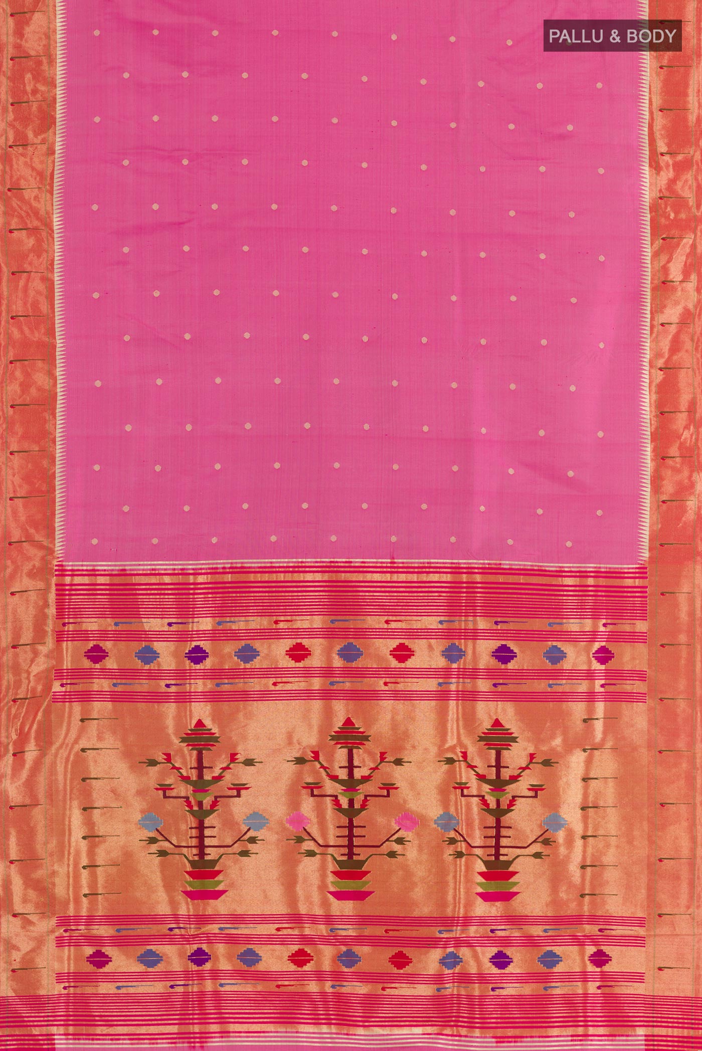 Flat view of Pink Paithani Silk Saree with Zari Butta on the body and Paithani Border. 