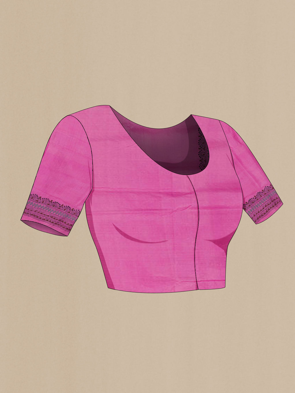 Close up image of the blouse of Pink Tussar Saree with Kantha Work on the body and Embroidery Border. 