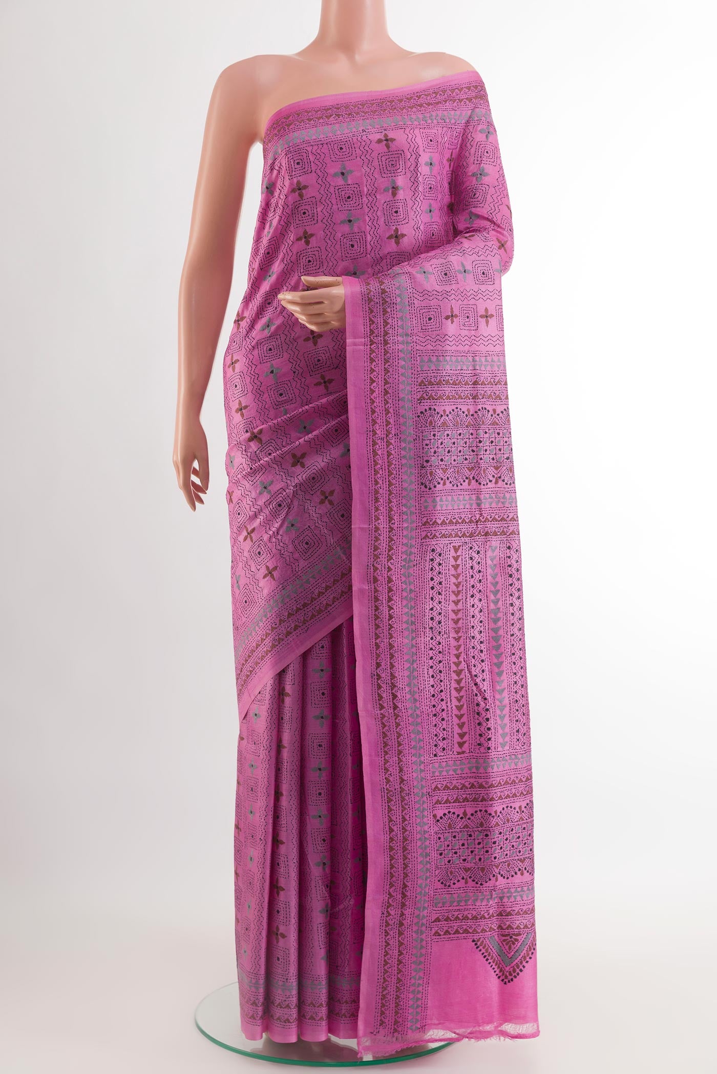 Pink Tussar Saree with Kantha Work on the body and Embroidery Border.  displayed on a mannequin