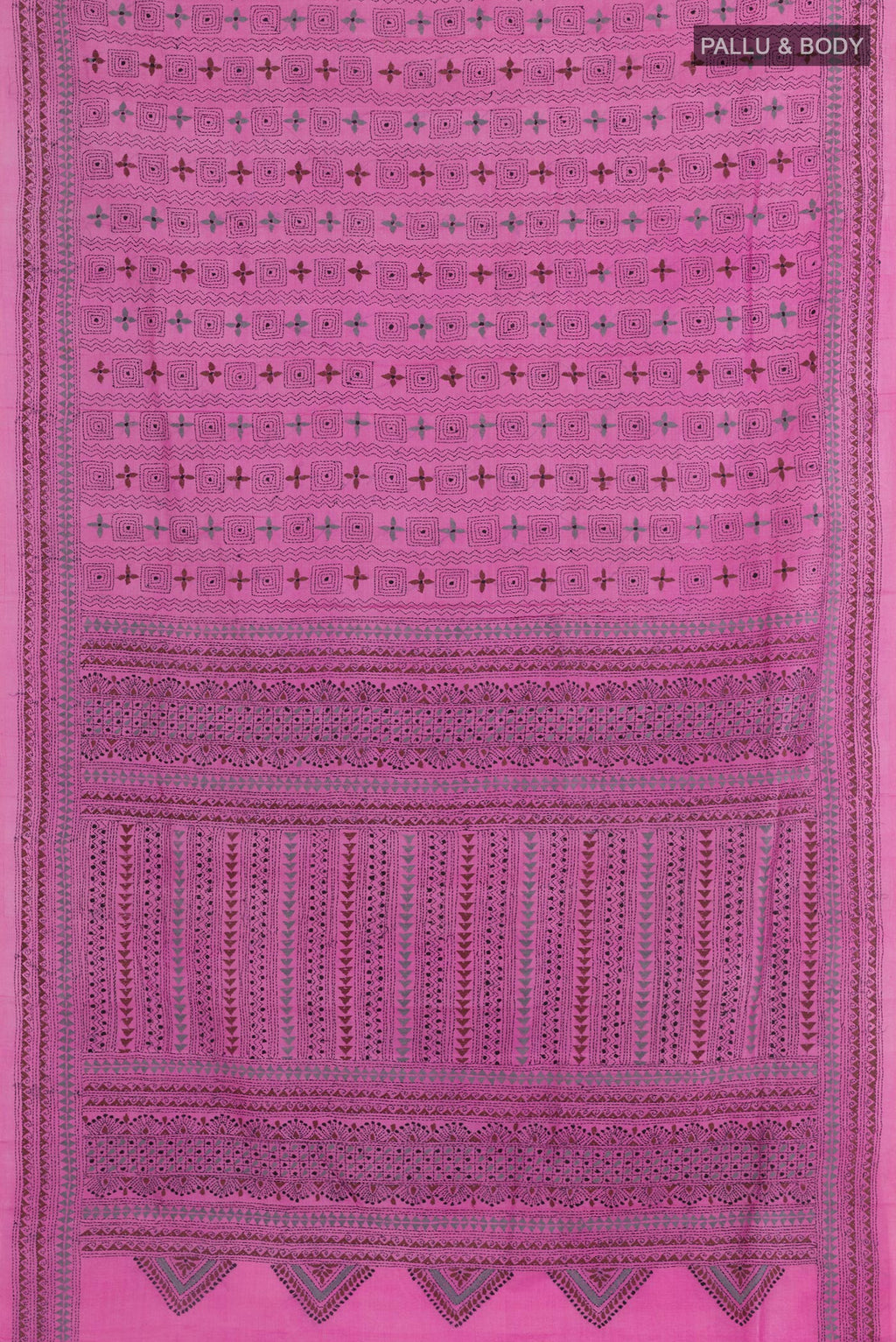 Flat view of Pink Tussar Saree with Kantha Work on the body and Embroidery Border. 