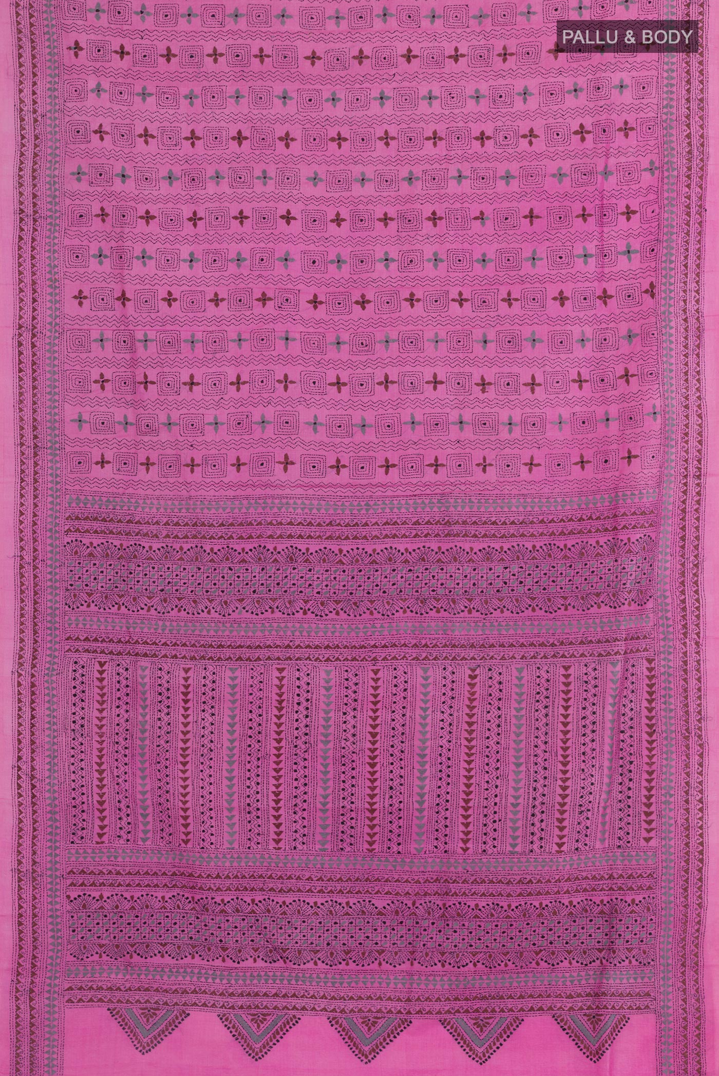Flat view of Pink Tussar Saree with Kantha Work on the body and Embroidery Border. 