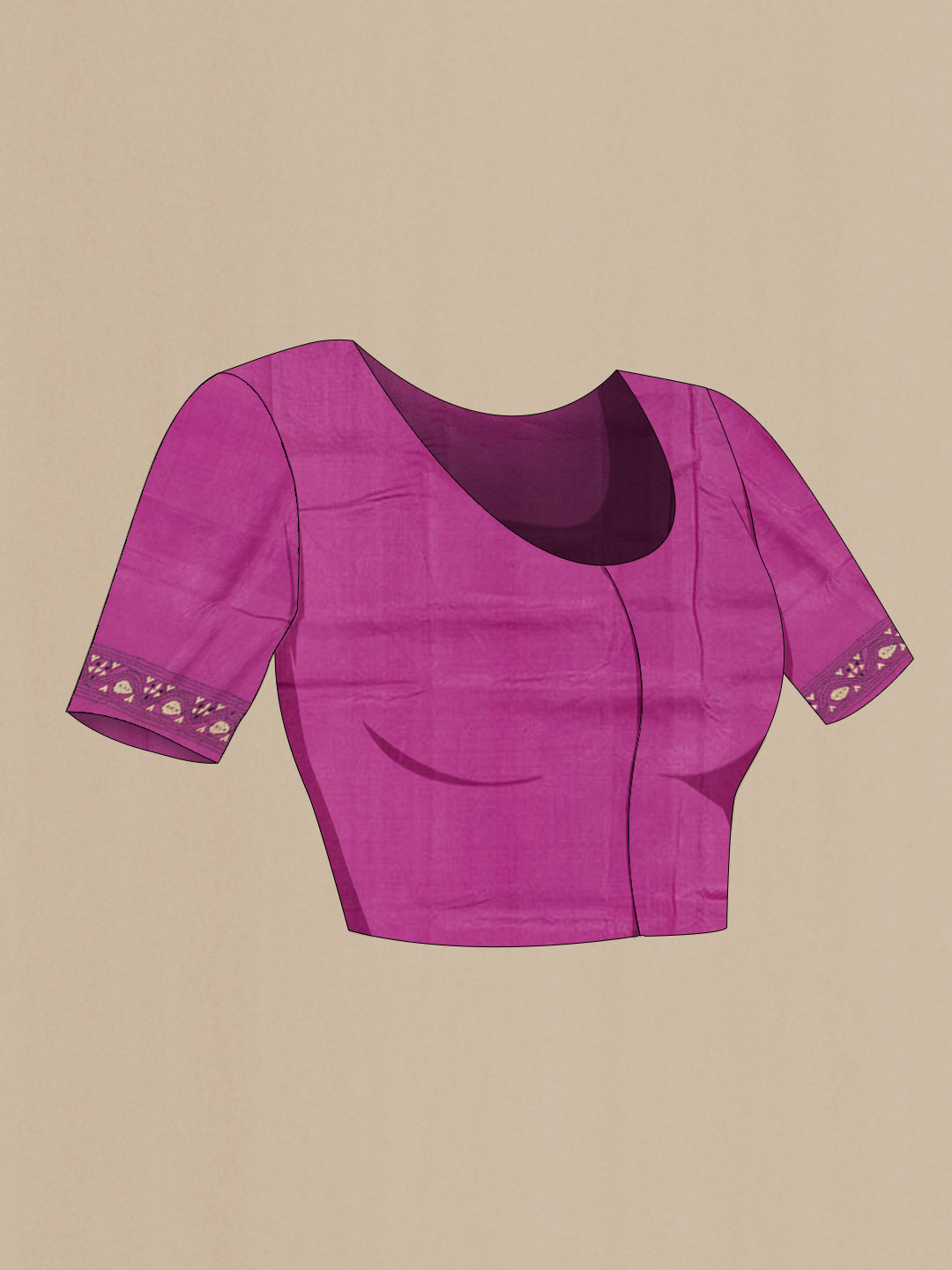 Close up image of the blouse of Purple Tussar Saree with Kantha Work on the body and Embroidery Border. 