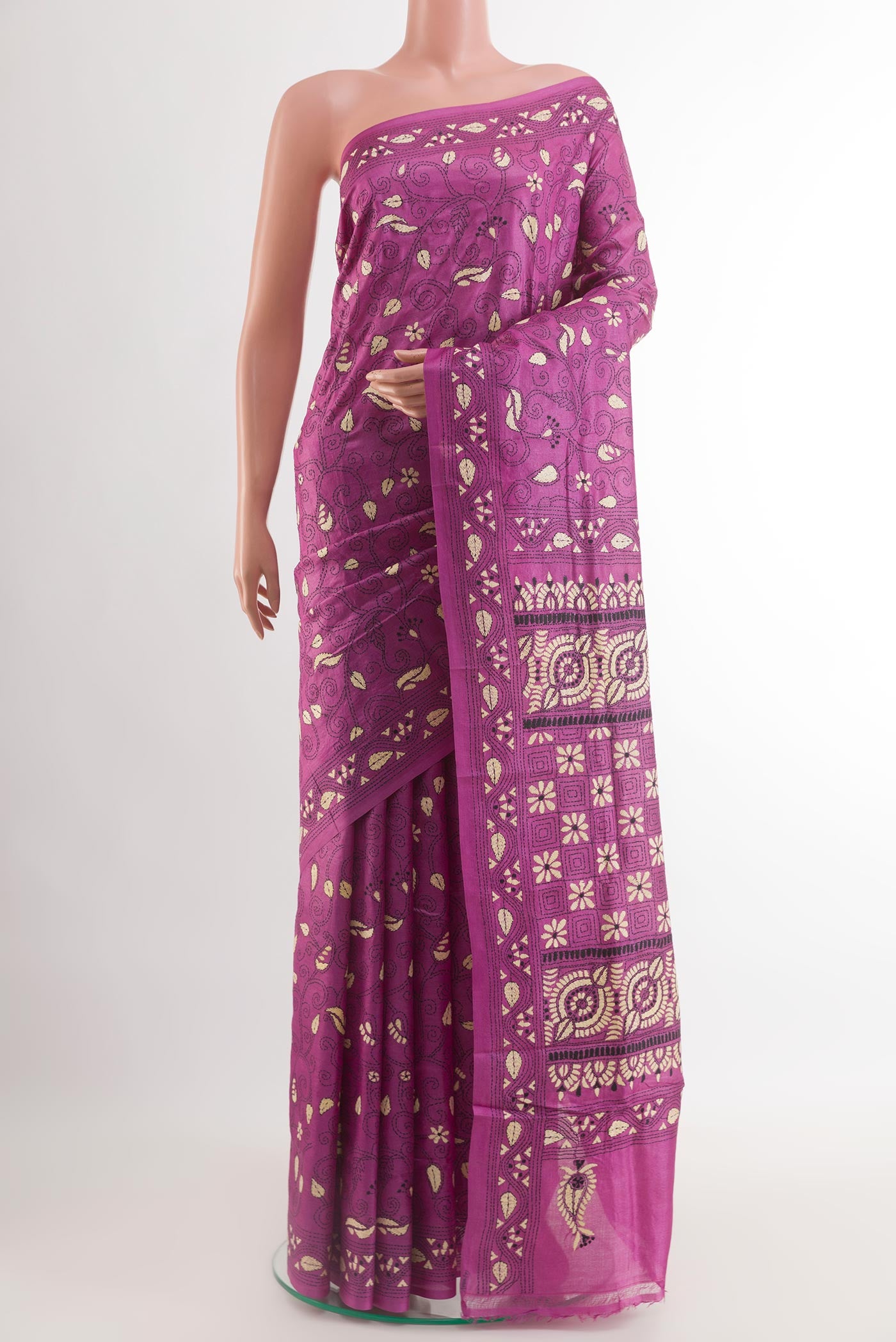 Purple Tussar Saree with Kantha Work on the body and Embroidery Border.  displayed on a mannequin