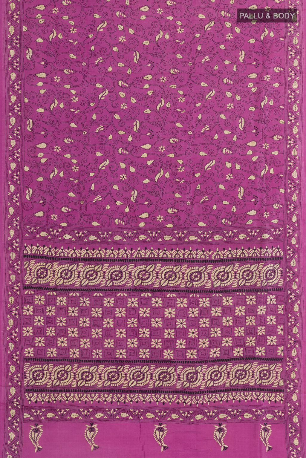 Flat view of Purple Tussar Saree with Kantha Work on the body and Embroidery Border. 