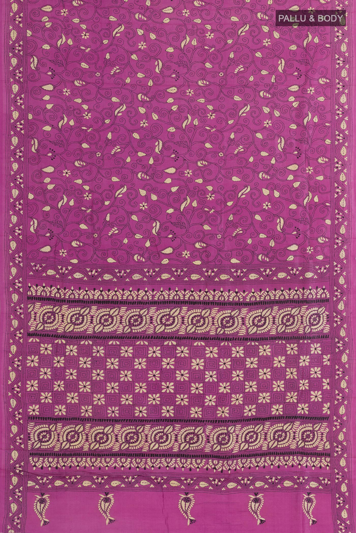 Flat view of Purple Tussar Saree with Kantha Work on the body and Embroidery Border. 