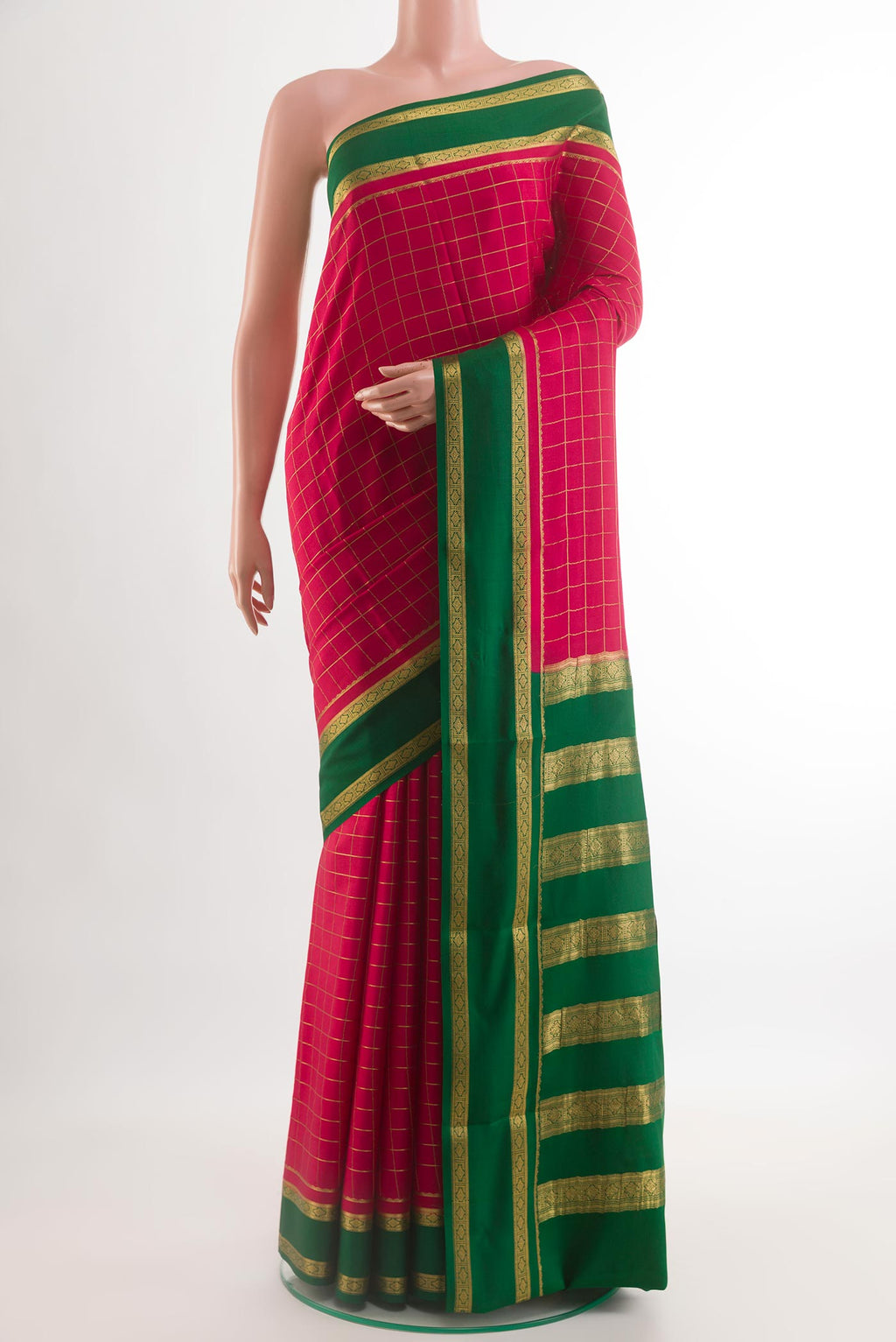 Pink Mysore Crepe Saree with Checked design on the body and Zari Border.  displayed on a mannequin