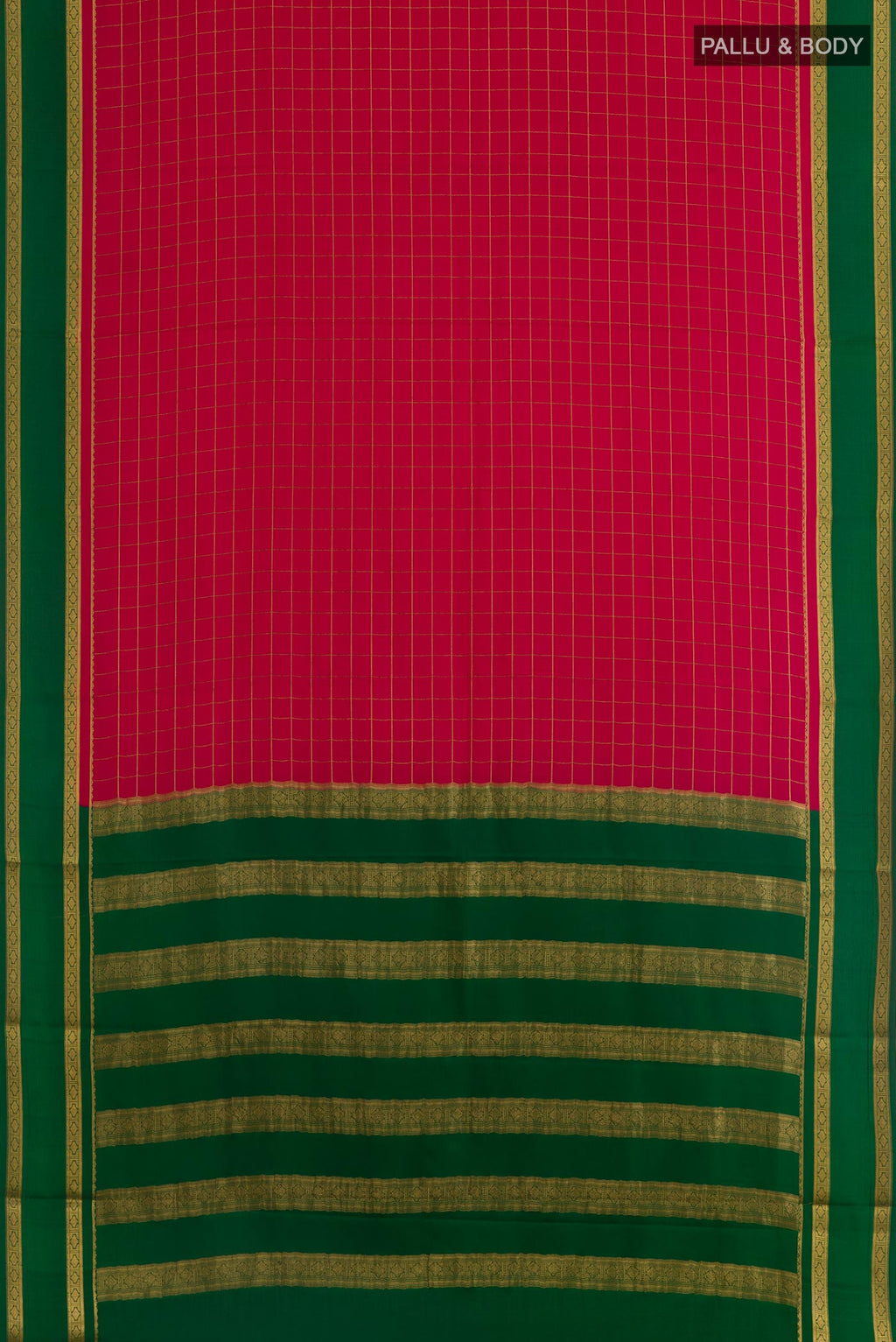 Flat view of Pink Mysore Crepe Saree with Checked design on the body and Zari Border. 