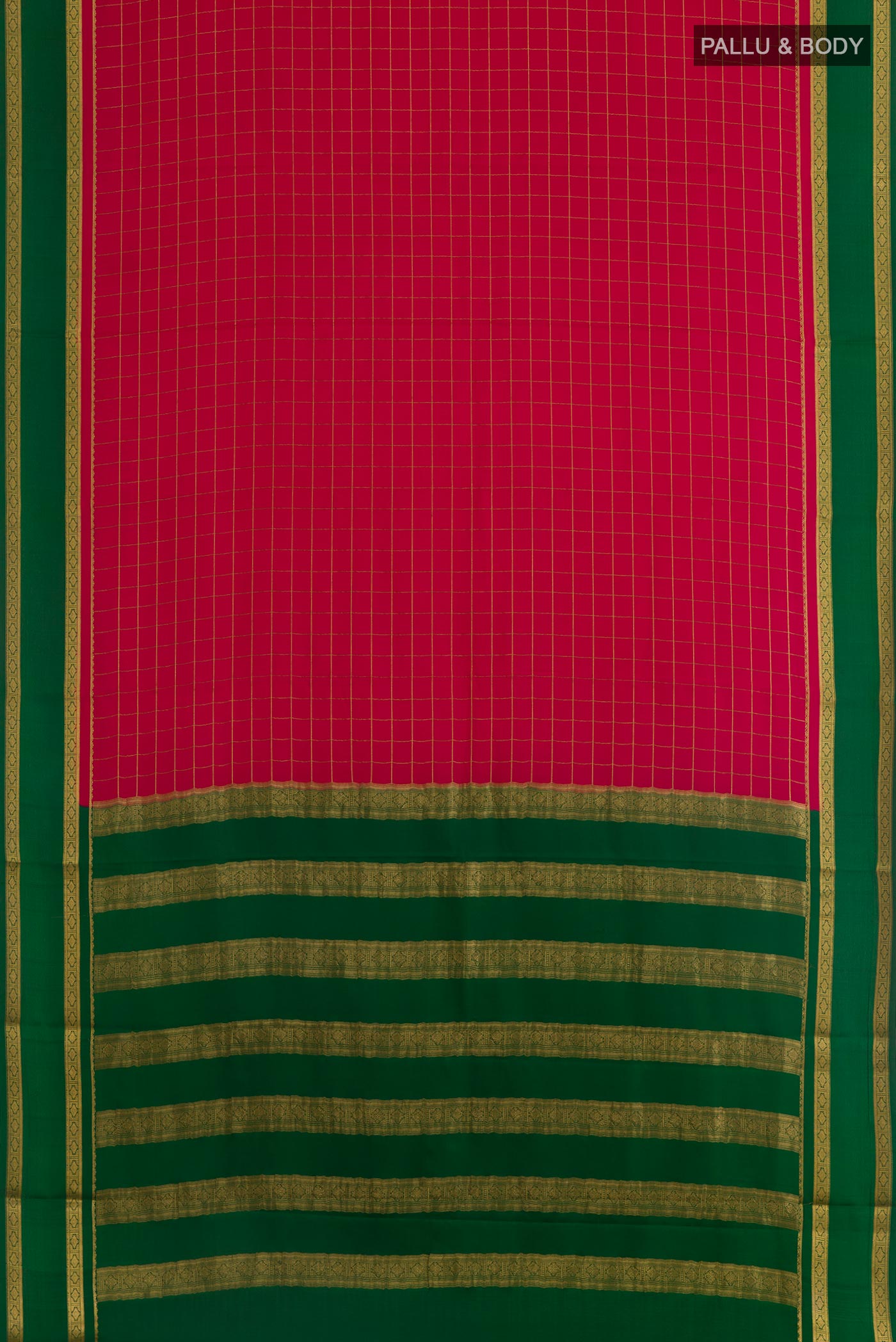 Flat view of Pink Mysore Crepe Saree with Checked design on the body and Zari Border. 