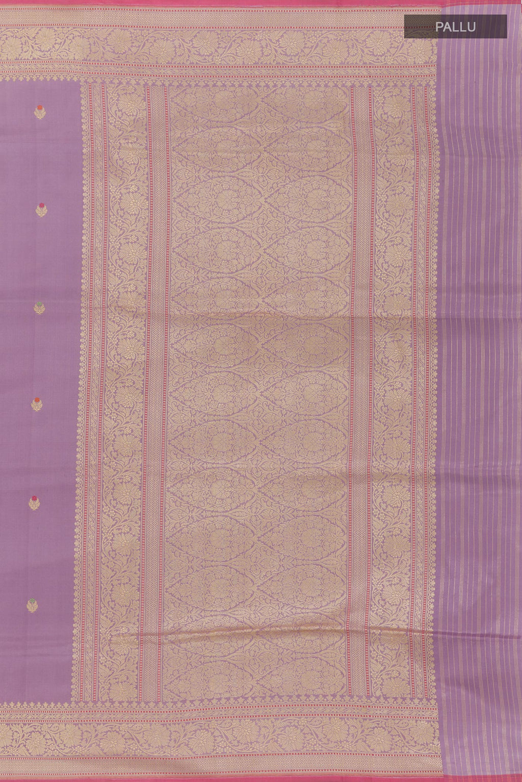 Close up image of the pallu of Lavender Banarasi Silk Saree with Zari Butta on the body and Zari Border. 