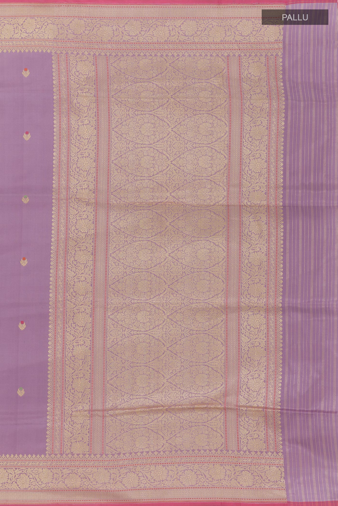 Close up image of the pallu of Lavender Banarasi Silk Saree with Zari Butta on the body and Zari Border. 