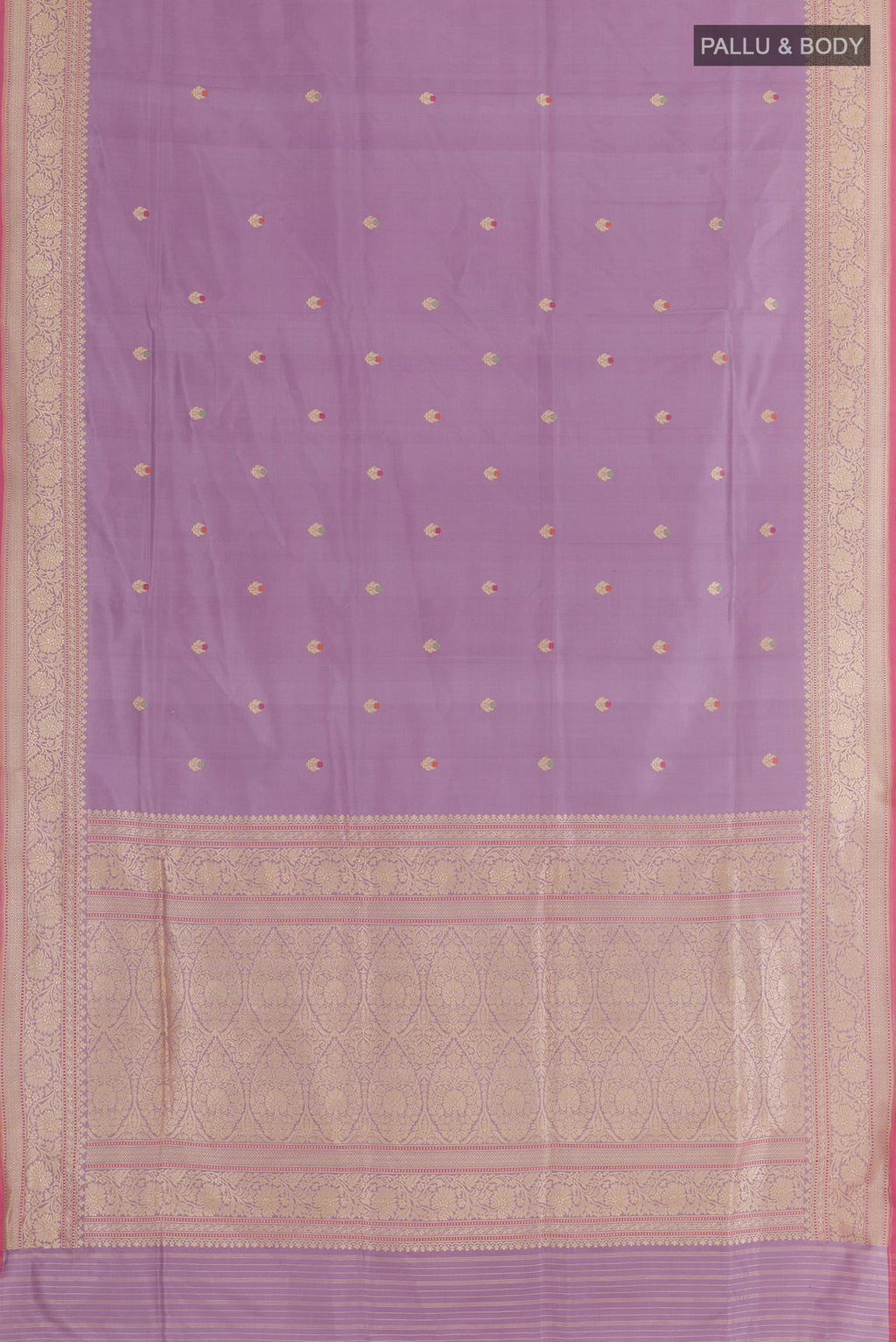 Flat view of Lavender Banarasi Silk Saree with Zari Butta on the body and Zari Border. 