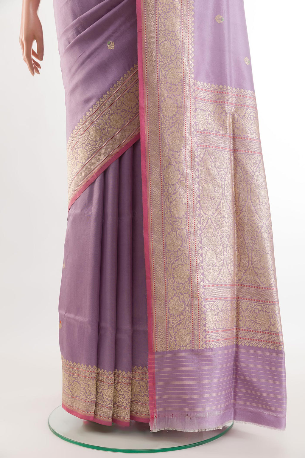 Pleats and pallu of Lavender Banarasi Silk Saree with Zari Butta on the body and Zari Border. 