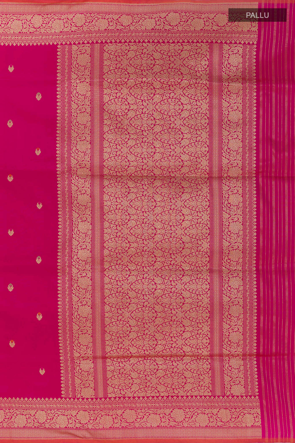 Close up image of the pallu of Pink Banarasi Silk Saree with Zari Butta on the body and Zari Border. 