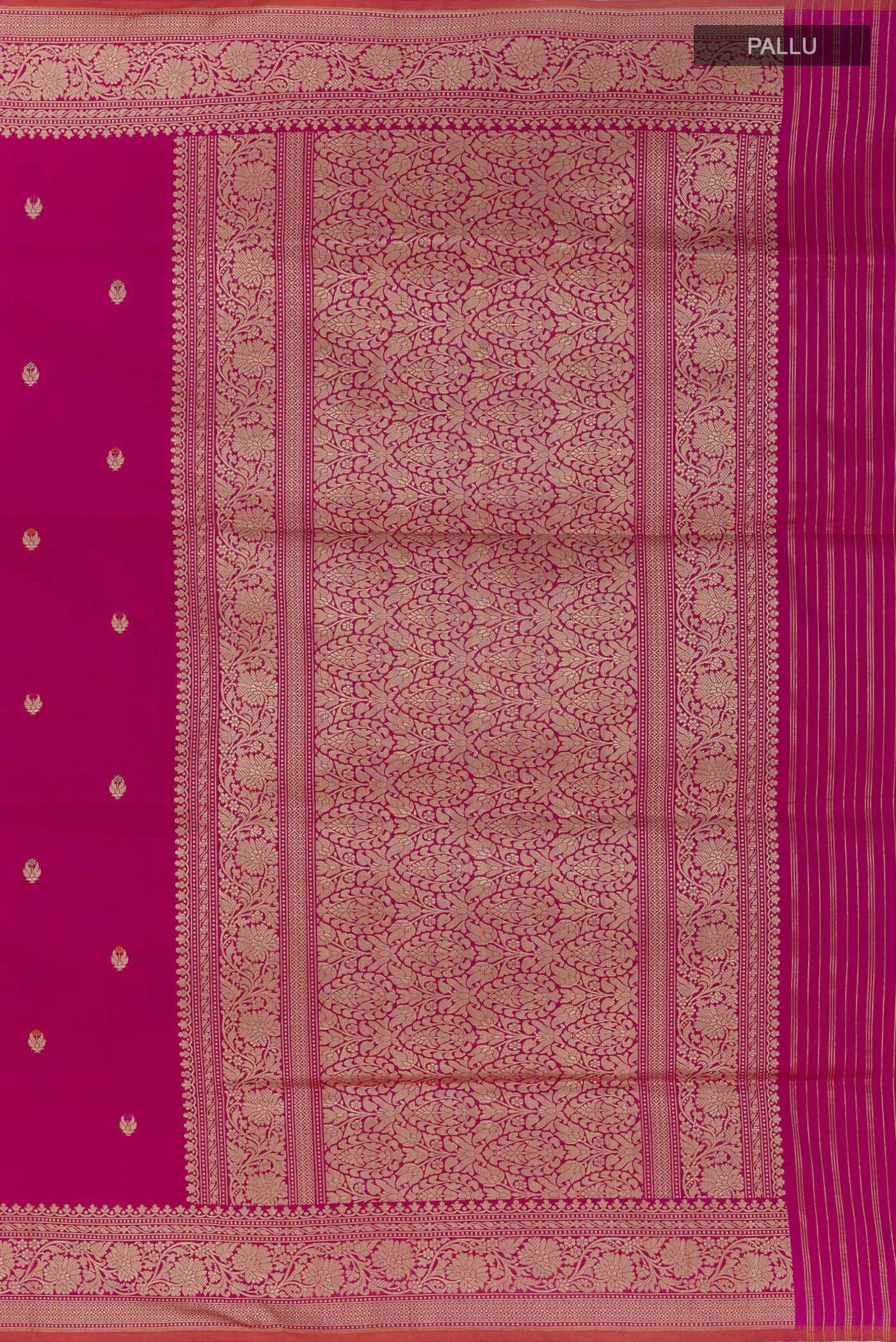 Close up image of the pallu of Pink Banarasi Silk Saree with Zari Butta on the body and Zari Border. 
