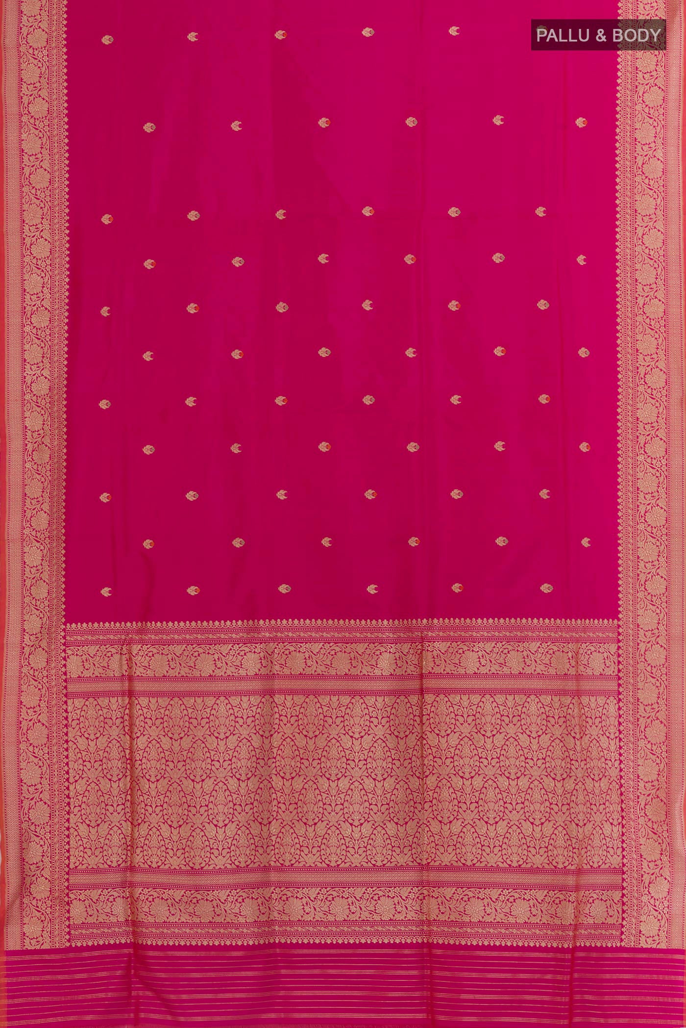 Flat view of Pink Banarasi Silk Saree with Zari Butta on the body and Zari Border. 