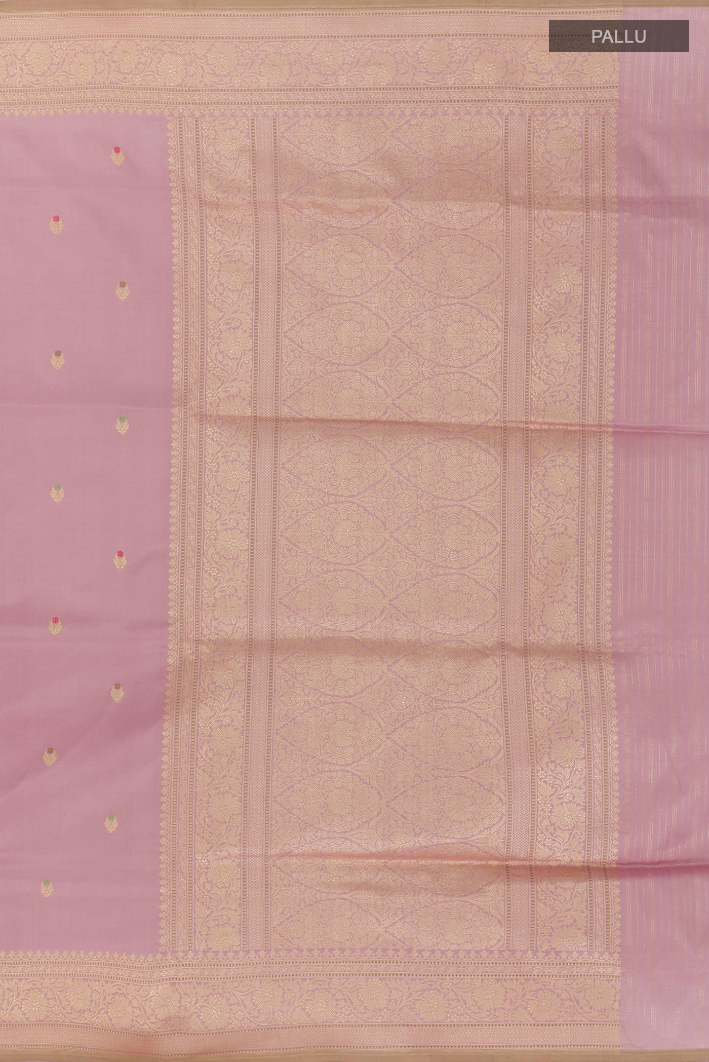 Close up image of the pallu of Lavender Banarasi Silk Saree with Zari Butta on the body and Zari Border. 