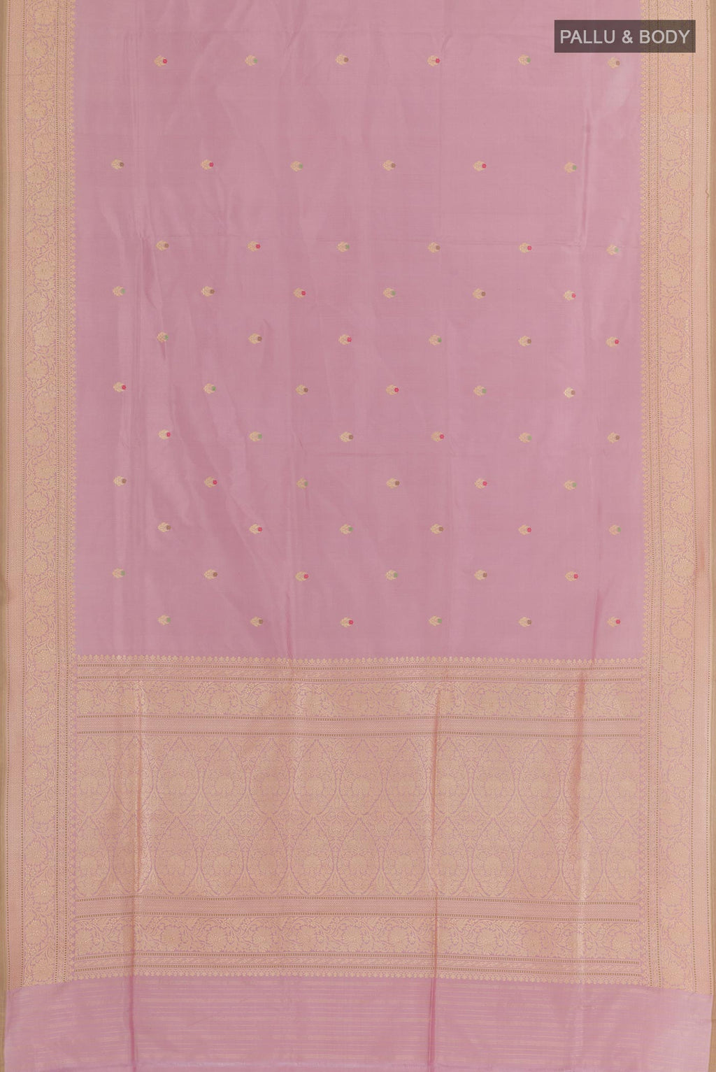 Flat view of Lavender Banarasi Silk Saree with Zari Butta on the body and Zari Border. 