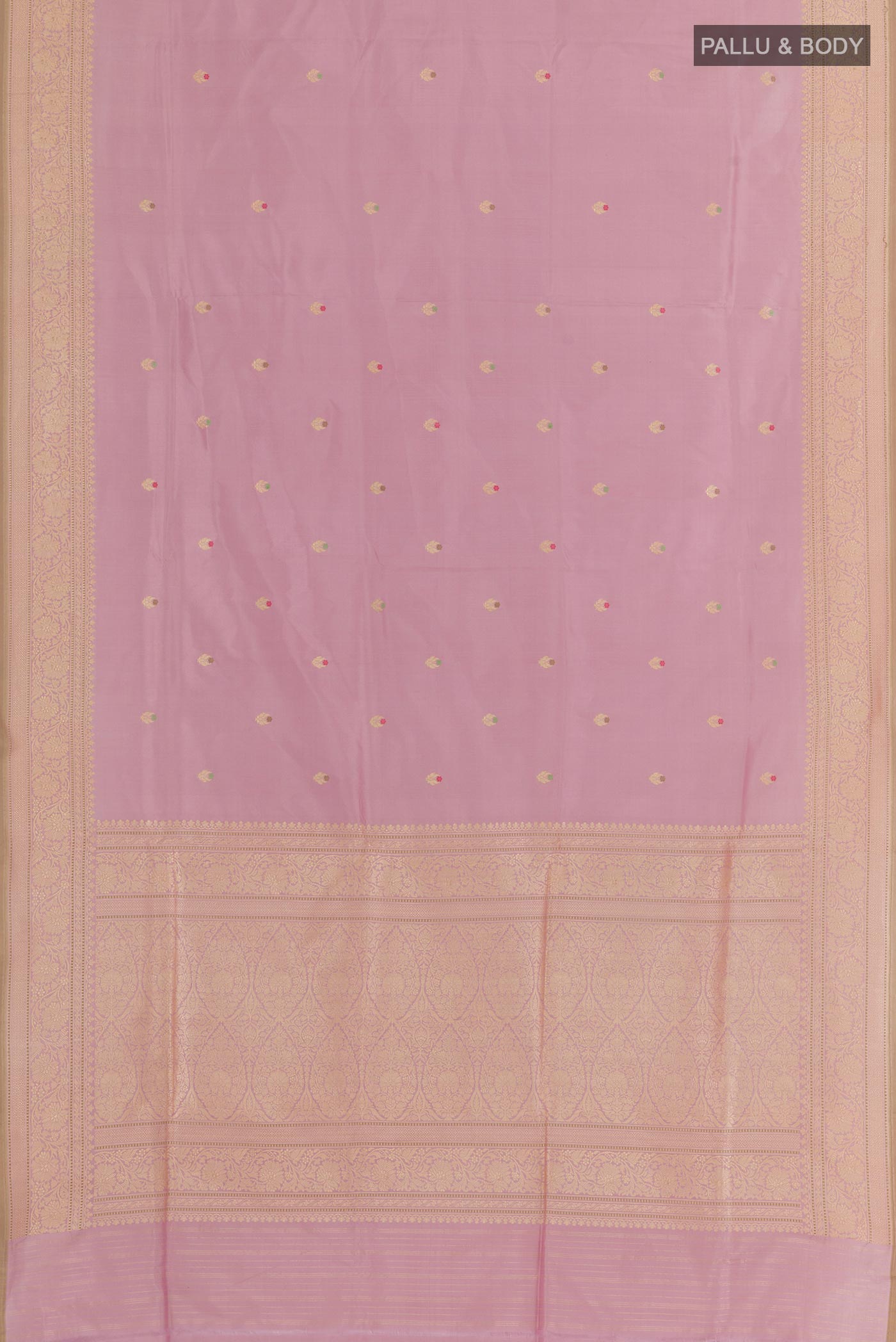 Flat view of Lavender Banarasi Silk Saree with Zari Butta on the body and Zari Border. 