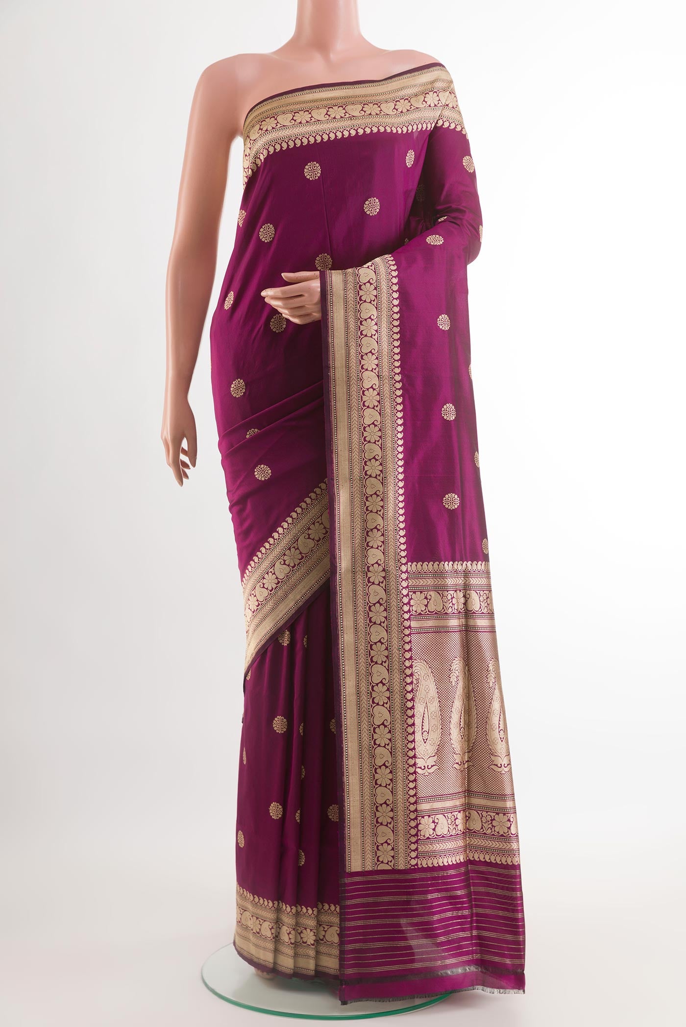 Purple Banarasi Silk Saree with Zari Butta on the body and Zari Border.  displayed on a mannequin