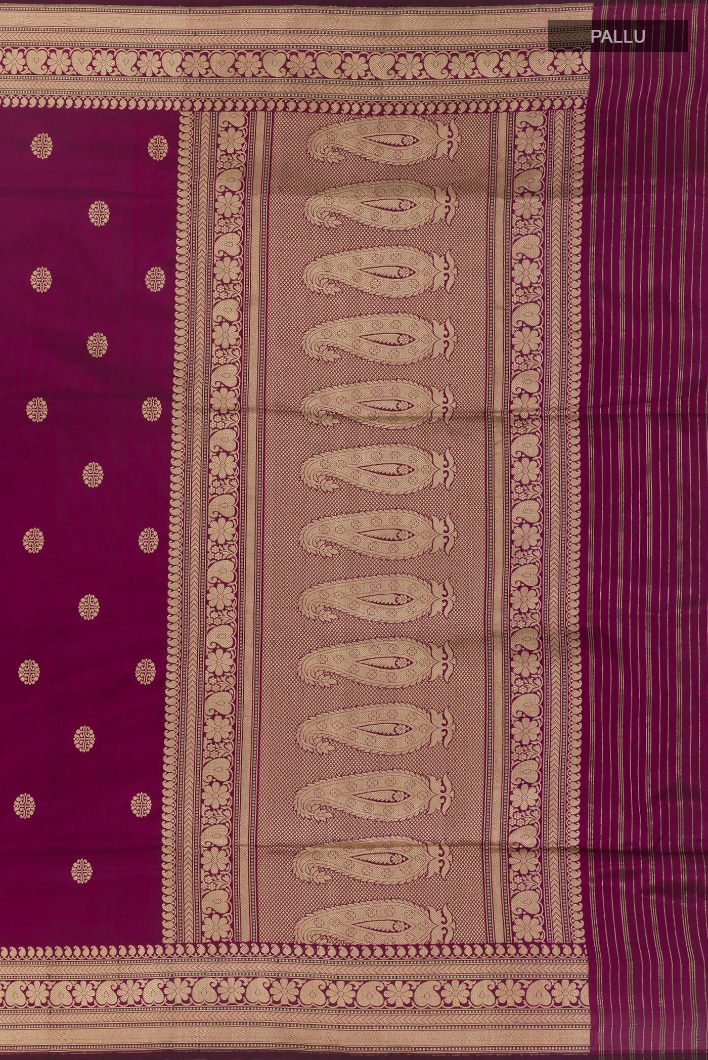 Close up image of the pallu of Purple Banarasi Silk Saree with Zari Butta on the body and Zari Border. 