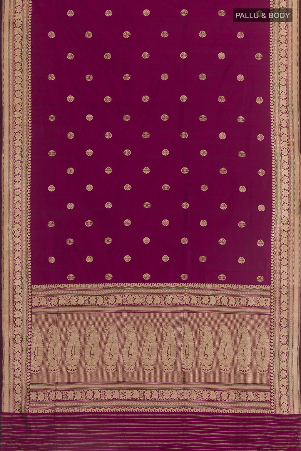 Flat view of Purple Banarasi Silk Saree with Zari Butta on the body and Zari Border. 