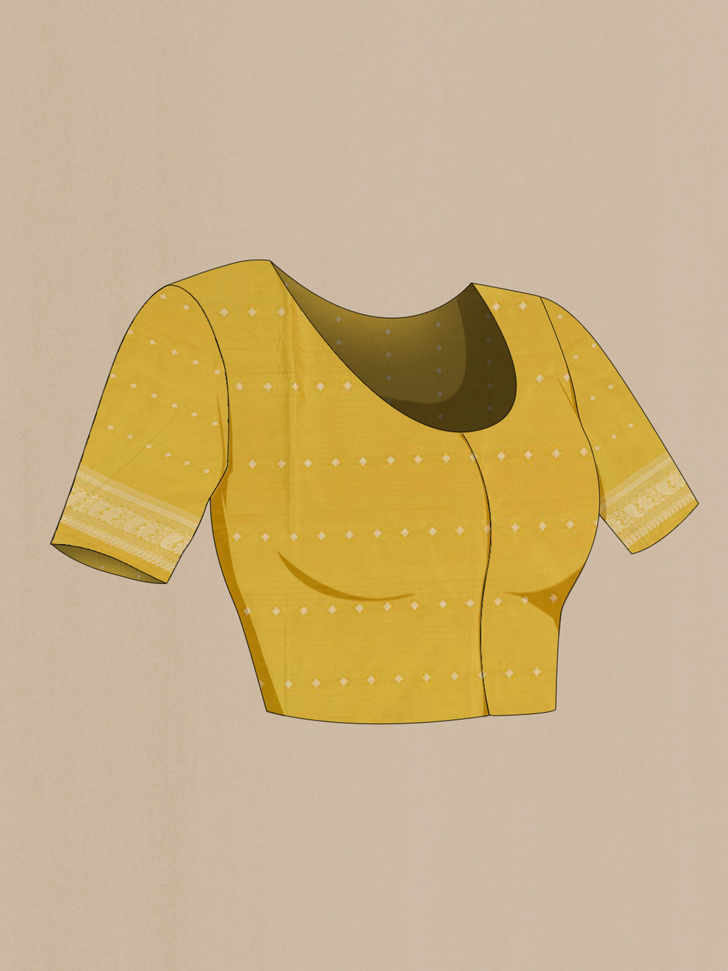 Close up image of the blouse of Lemon Yellow Banarasi Silk Saree with Zari Butta on the body and Zari Border. 