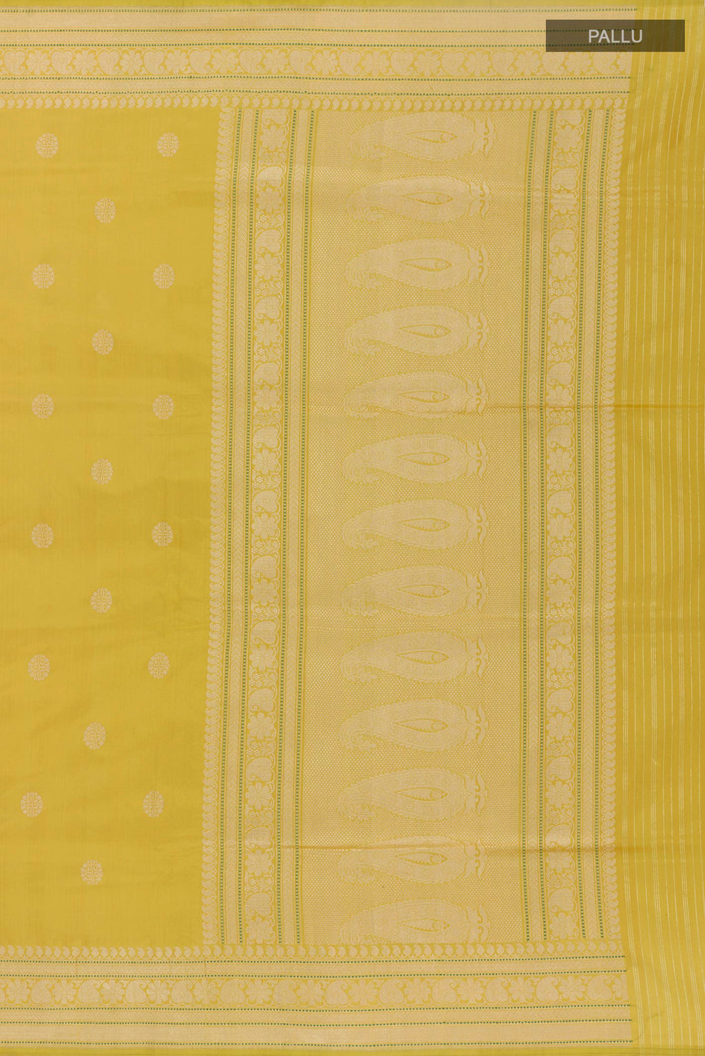 Close up image of the pallu of Lemon Yellow Banarasi Silk Saree with Zari Butta on the body and Zari Border. 
