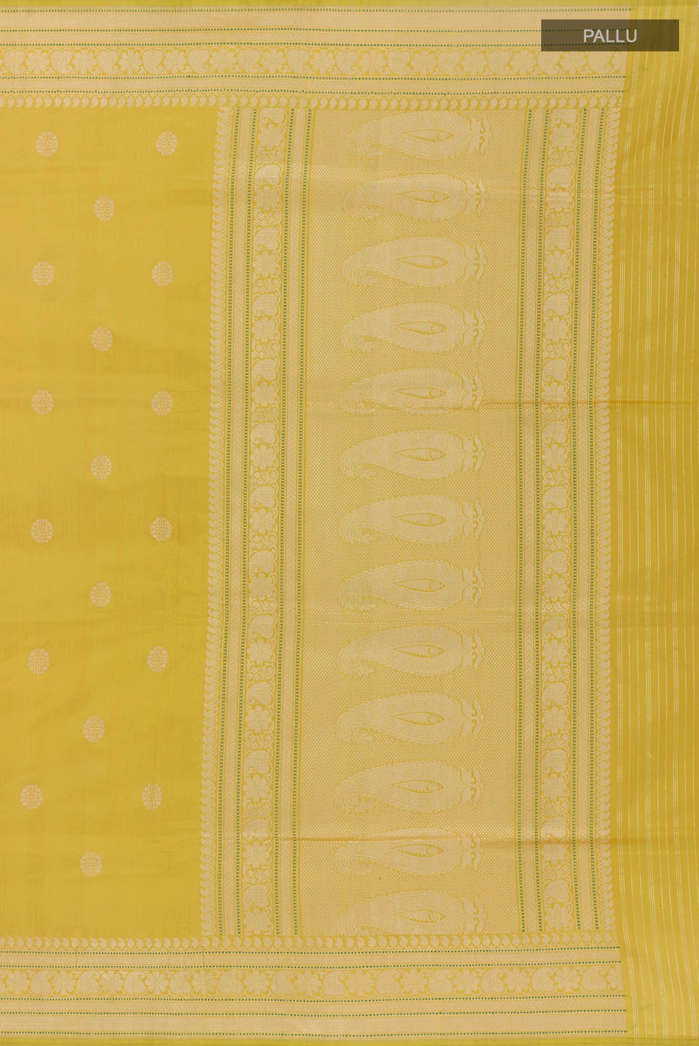 Close up image of the pallu of Lemon Yellow Banarasi Silk Saree with Zari Butta on the body and Zari Border. 