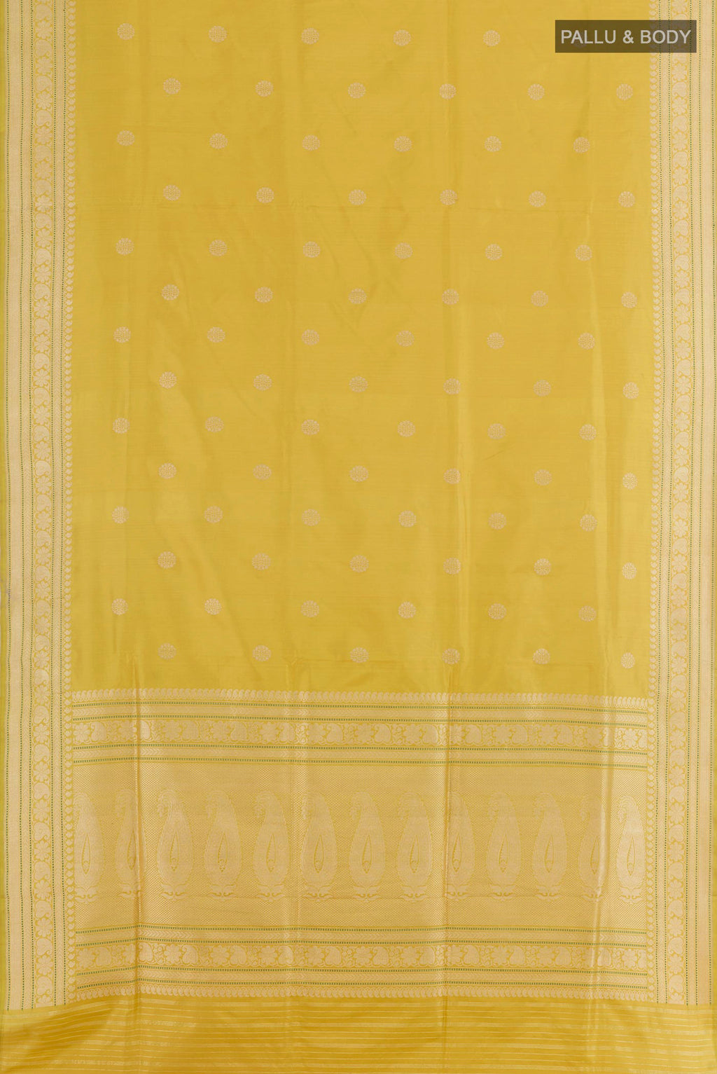 Flat view of Lemon Yellow Banarasi Silk Saree with Zari Butta on the body and Zari Border. 