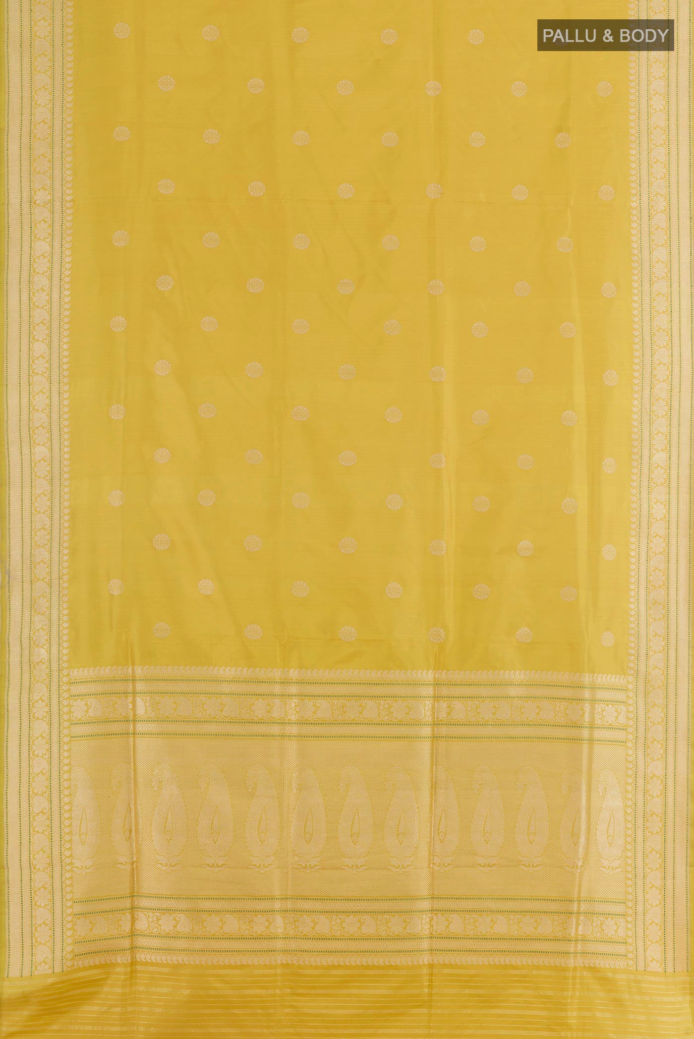 Flat view of Lemon Yellow Banarasi Silk Saree with Zari Butta on the body and Zari Border. 