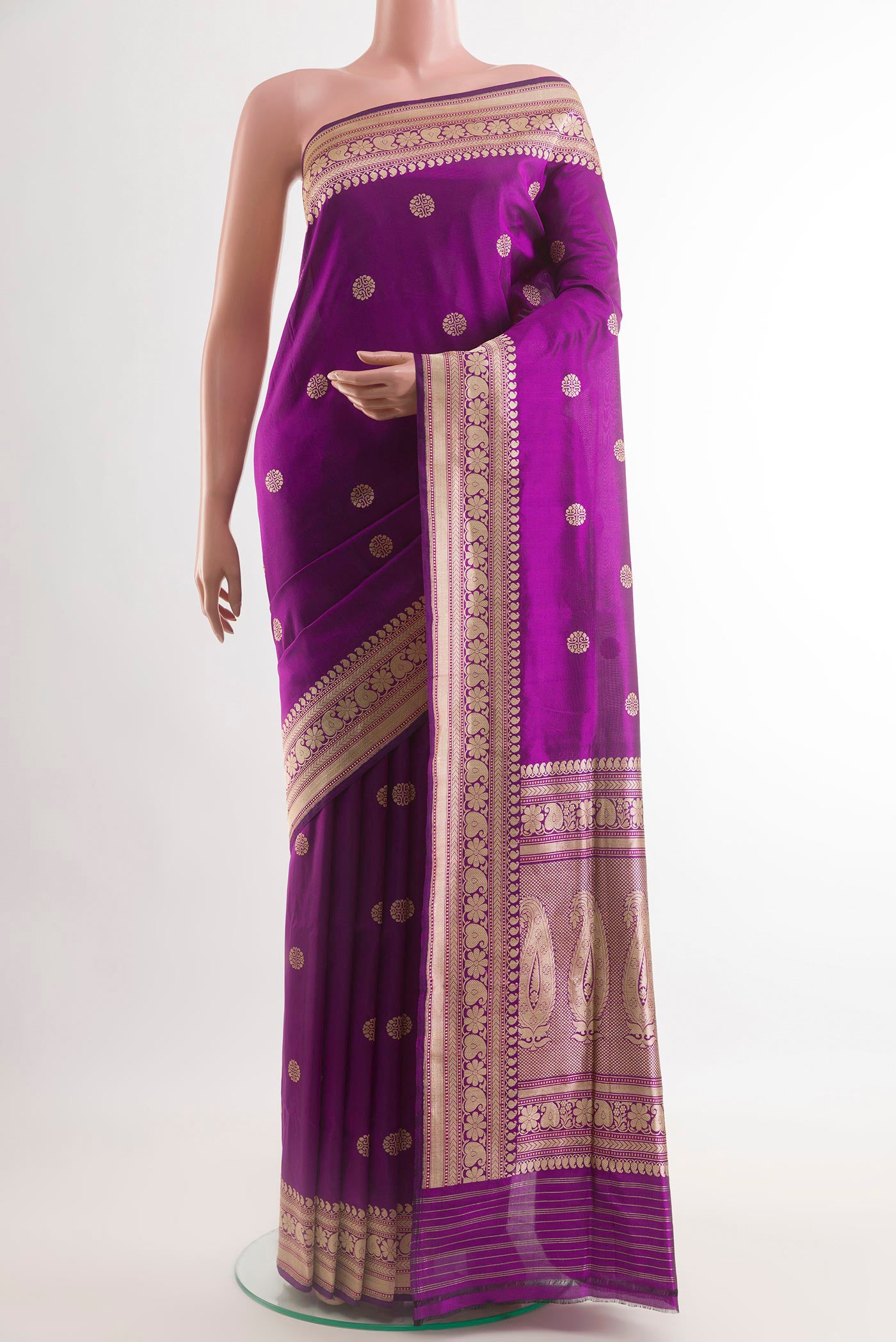 Purple Banarasi Silk Saree with Zari Butta on the body and Zari Border.  displayed on a mannequin