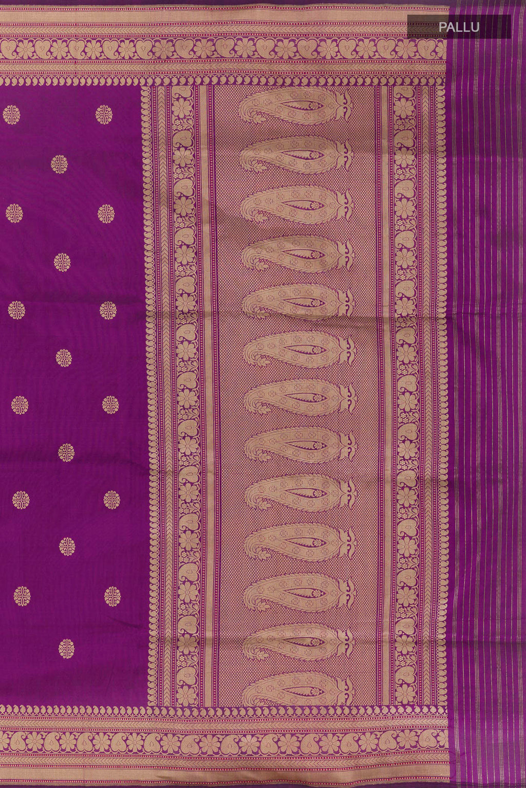 Close up image of the pallu of Purple Banarasi Silk Saree with Zari Butta on the body and Zari Border. 